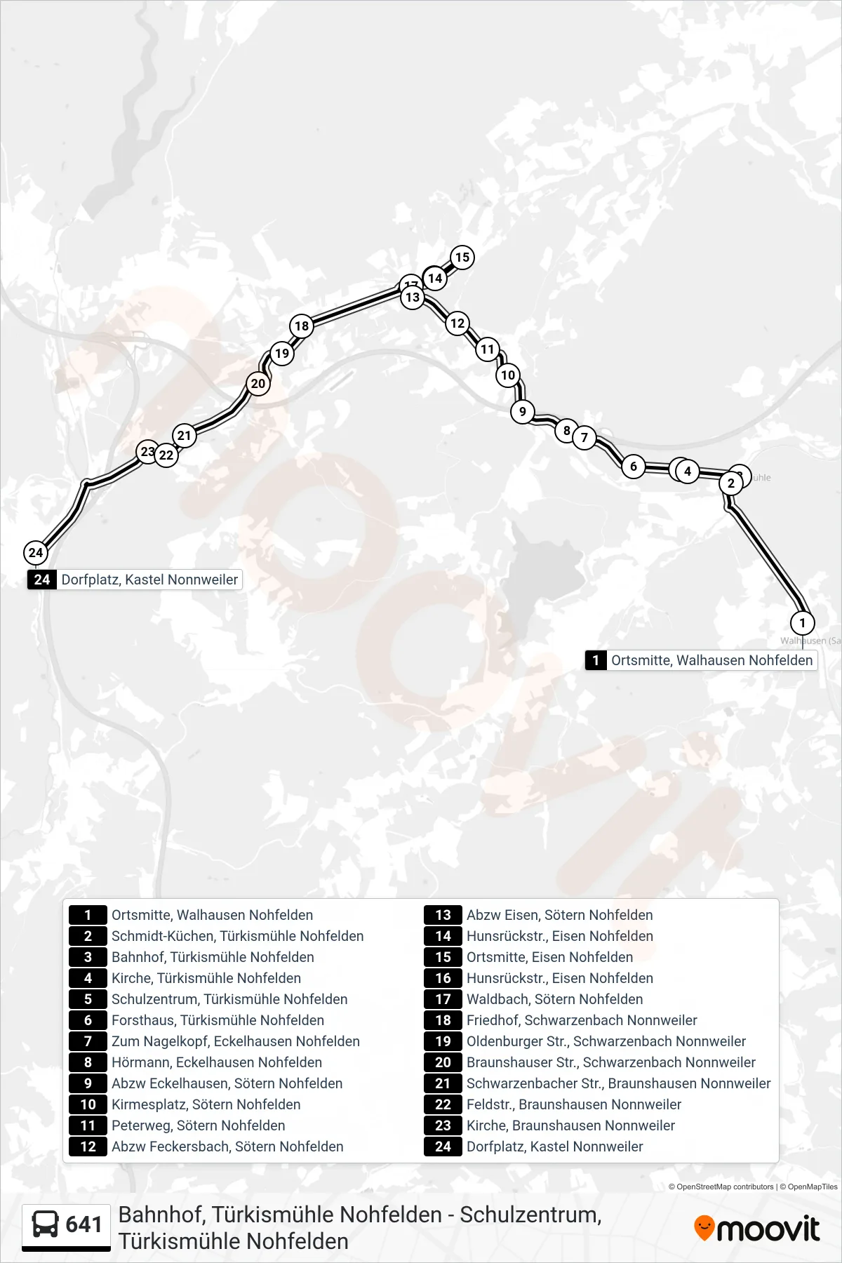 641 bus Line (Kastel) route and stops on a map