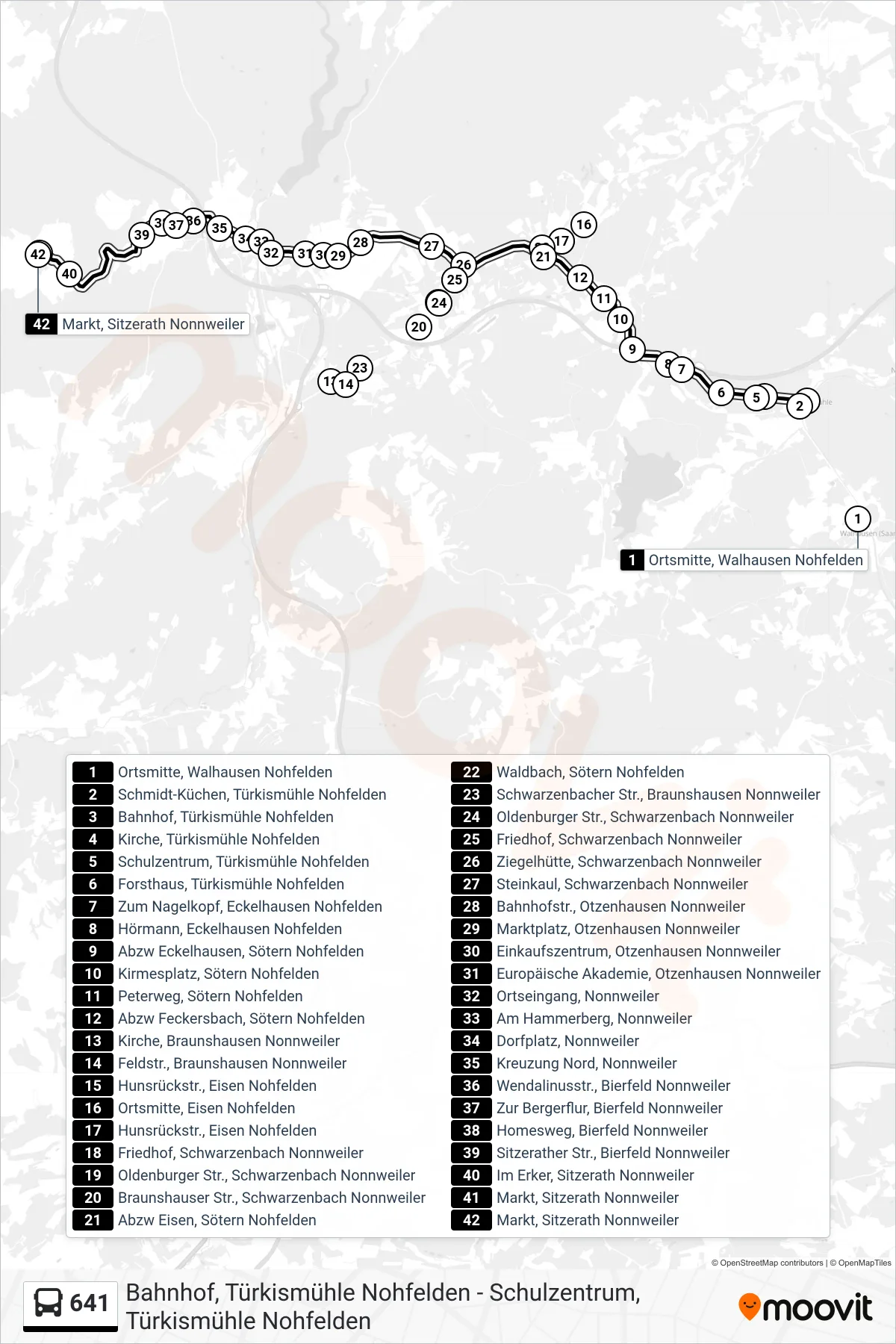641 bus Line (Markt, Sitzerath Nonnweiler) route and stops on a map