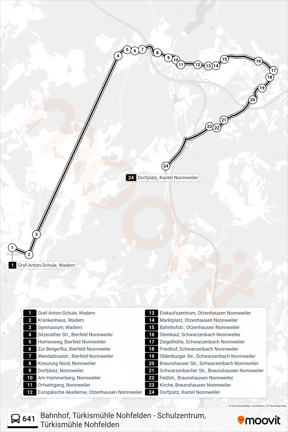 641 bus Line (Dorfplatz, Kastel Nonnweiler) route and stops on a map