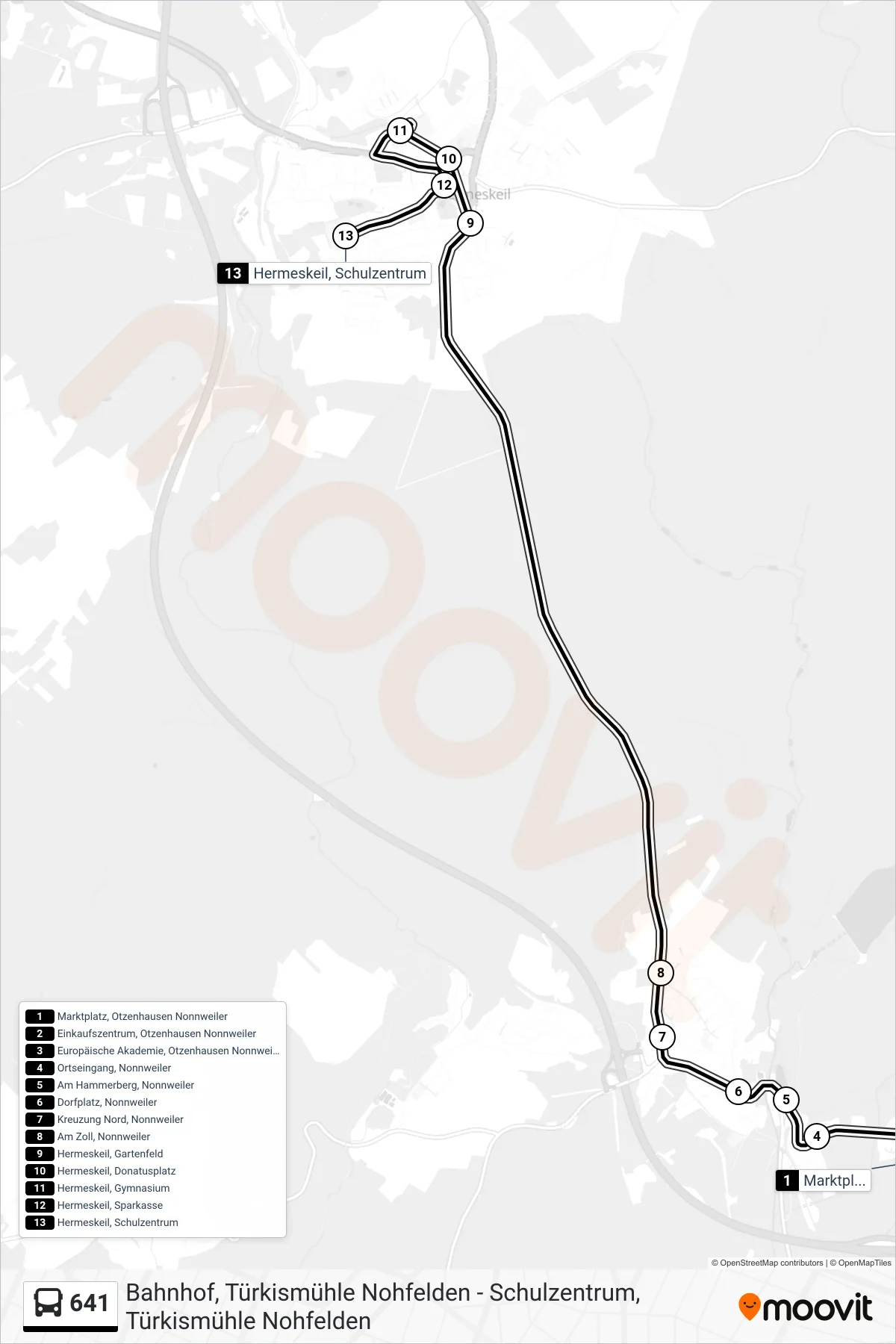 641 bus Line (Hermeskeil Schulzentrum) route and stops on a map