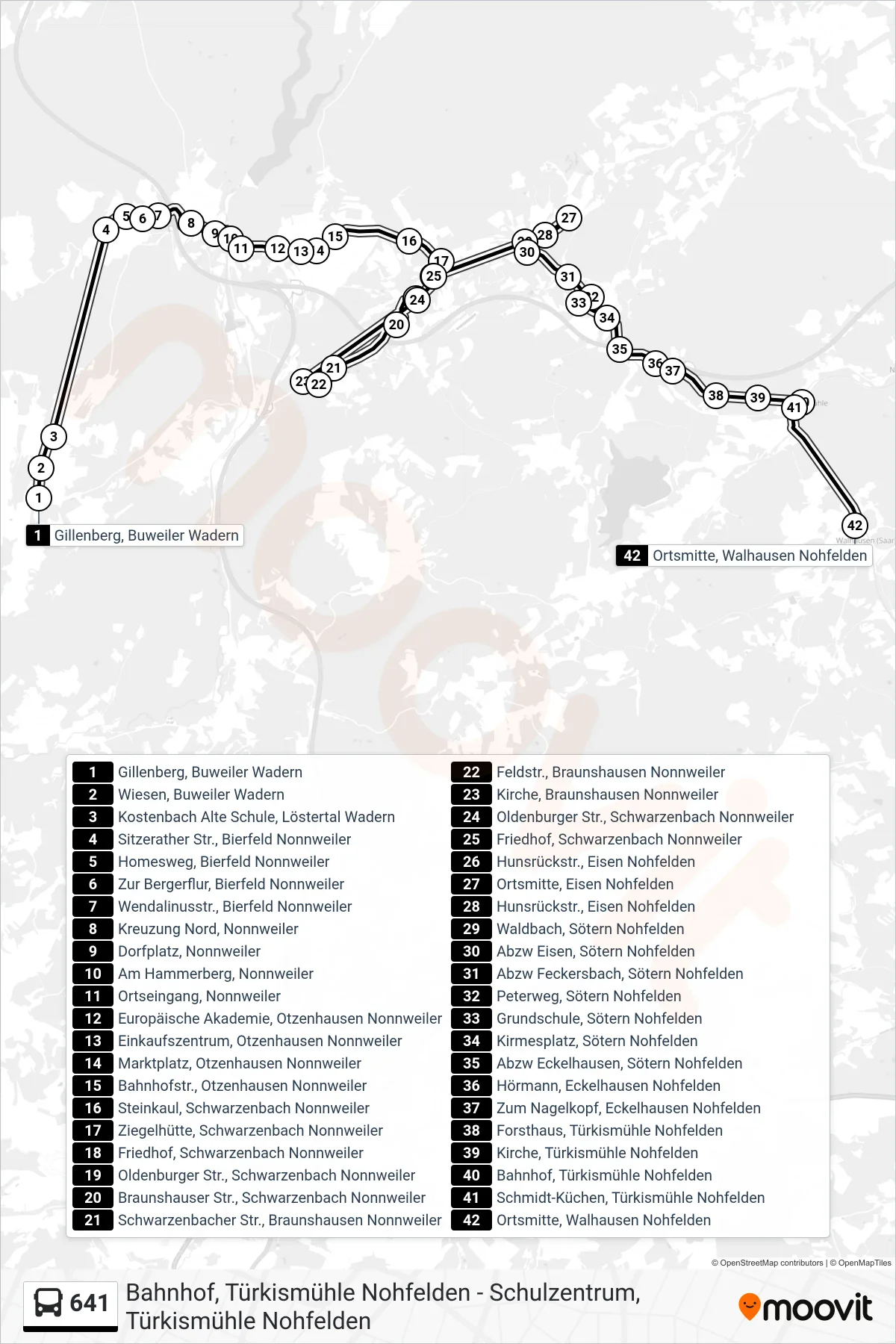 641 bus Line (Ortsmitte, Walhausen Nohfelden) route and stops on a map