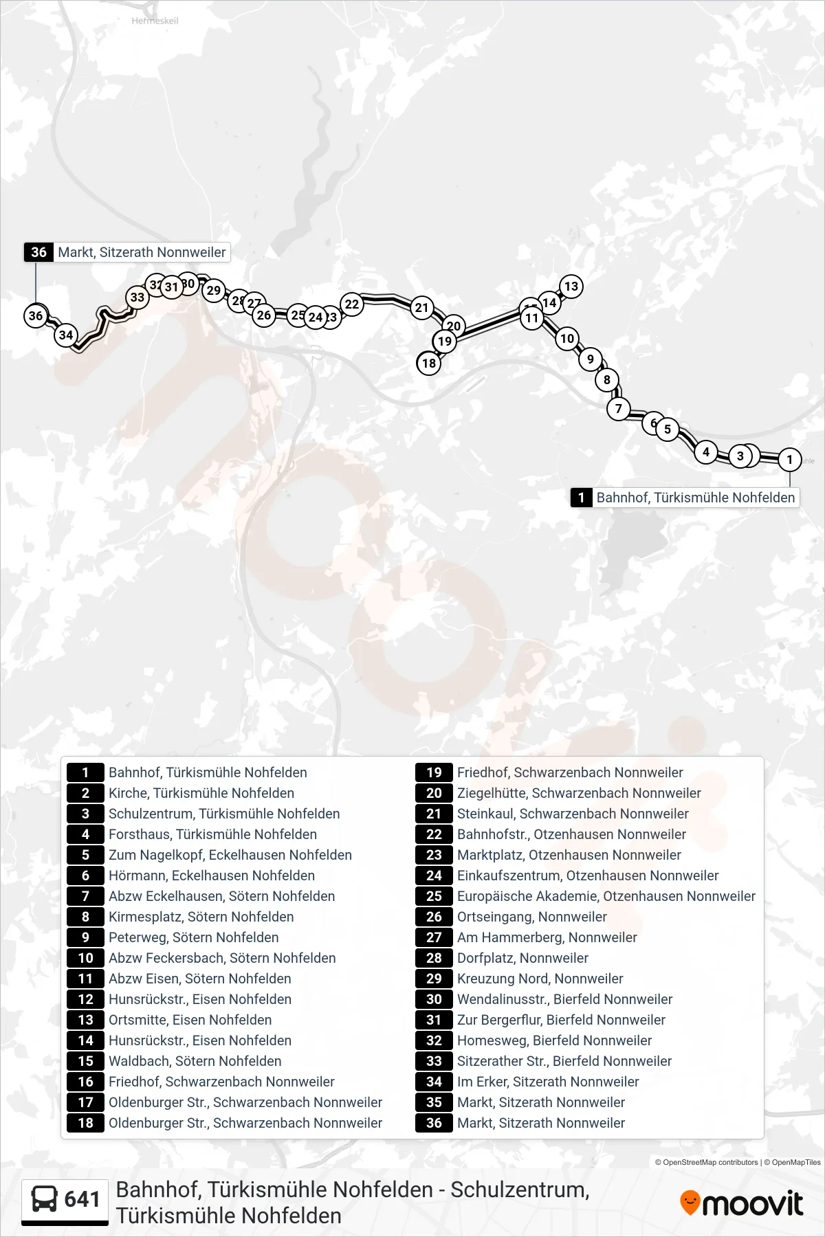 641 bus Line (Sitzerath Ü. Nonnweiler) route and stops on a map