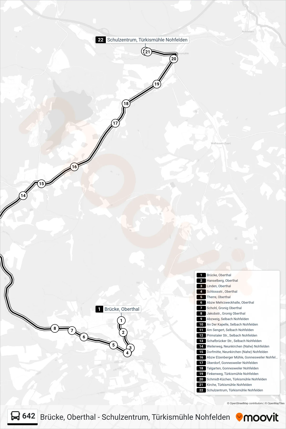 642 bus Line (Schulzentrum, Türkismühle Nohfelden) route and stops on a map