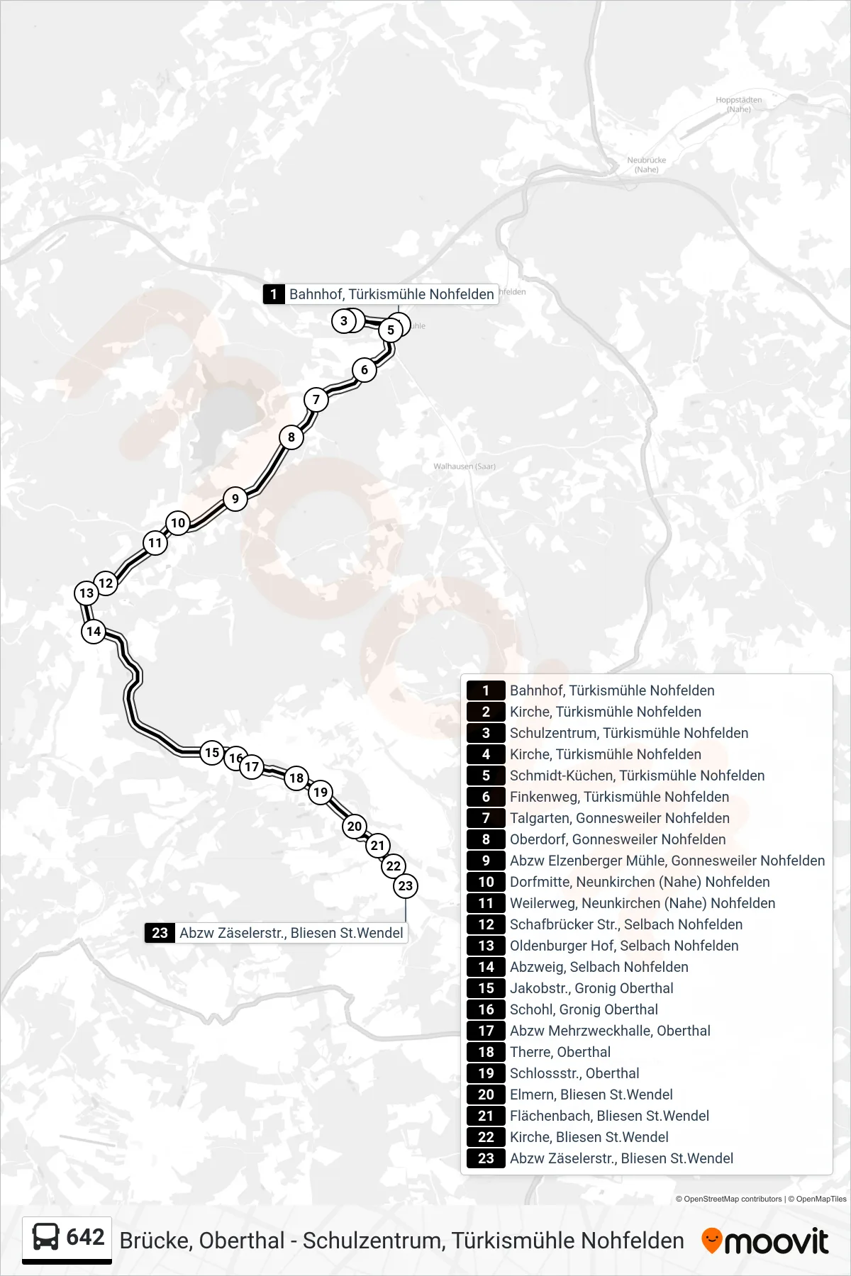 642 bus Line (Abzw Zäselerstr., Bliesen St.Wendel) route and stops on a map