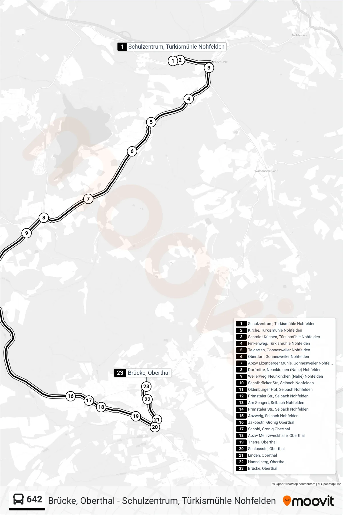 642 bus Line (Brücke, Oberthal) route and stops on a map