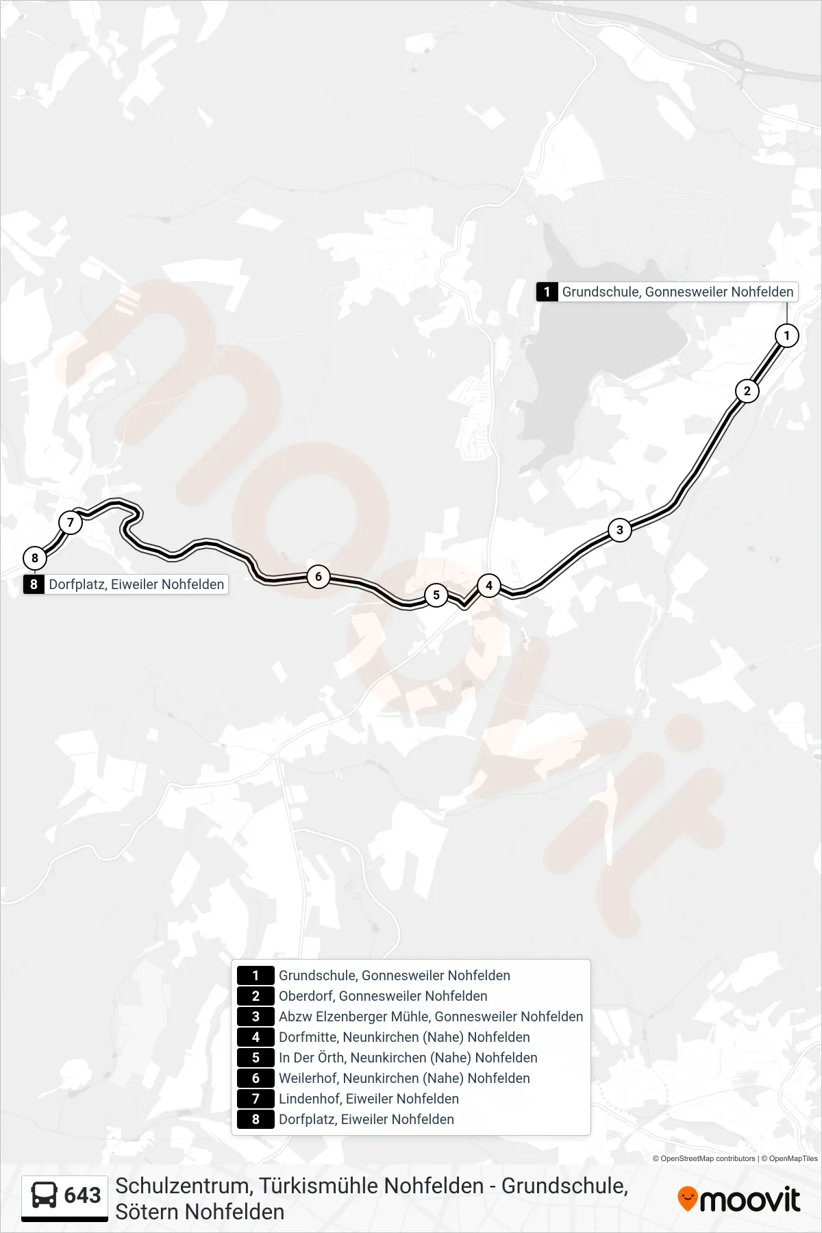 643 bus Line (Eiweiler) route and stops on a map