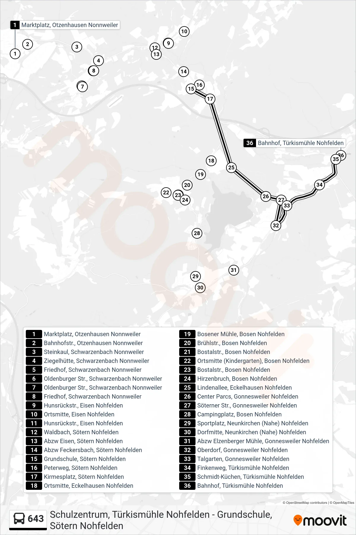 643 bus Line (Bahnhof, Türkismühle Nohfelden) route and stops on a map