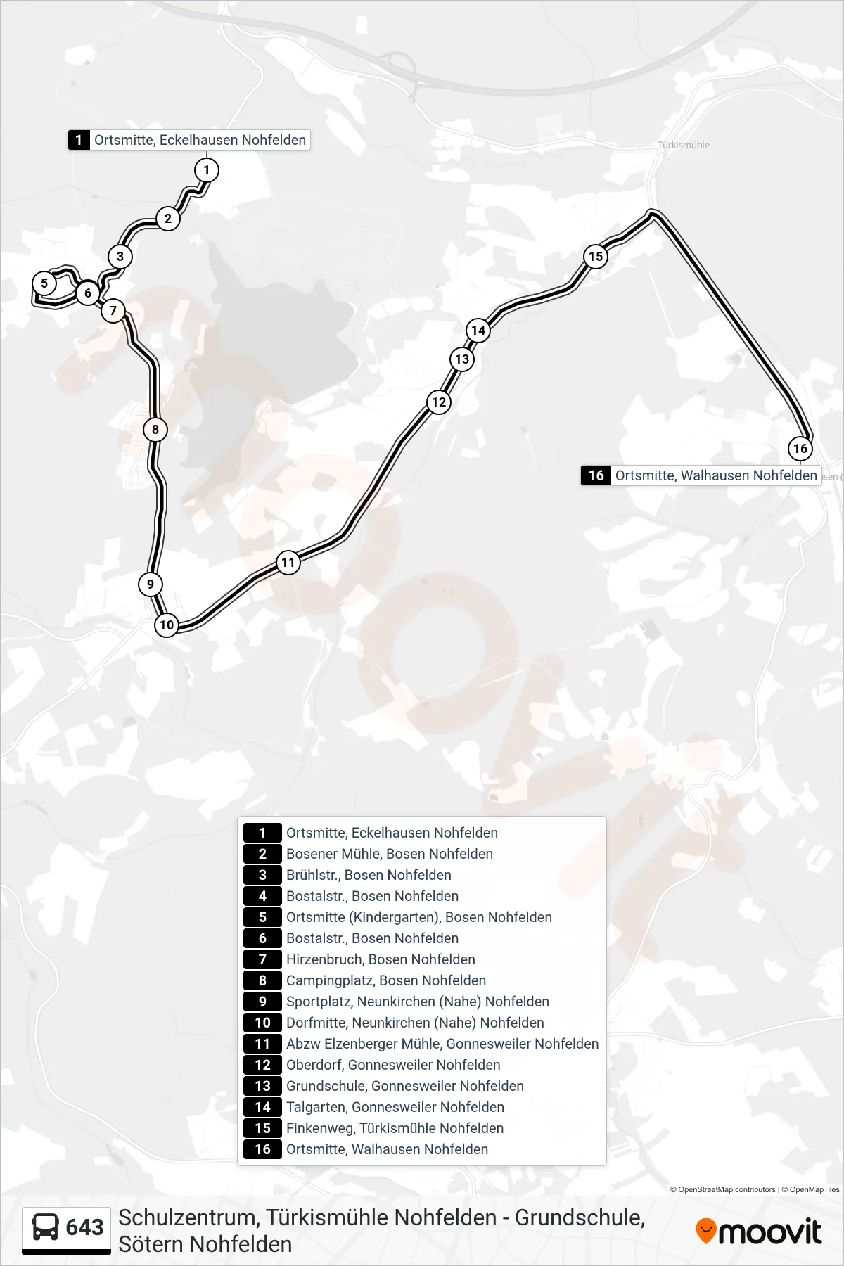 643 bus Line (Ortsmitte, Walhausen Nohfelden) route and stops on a map