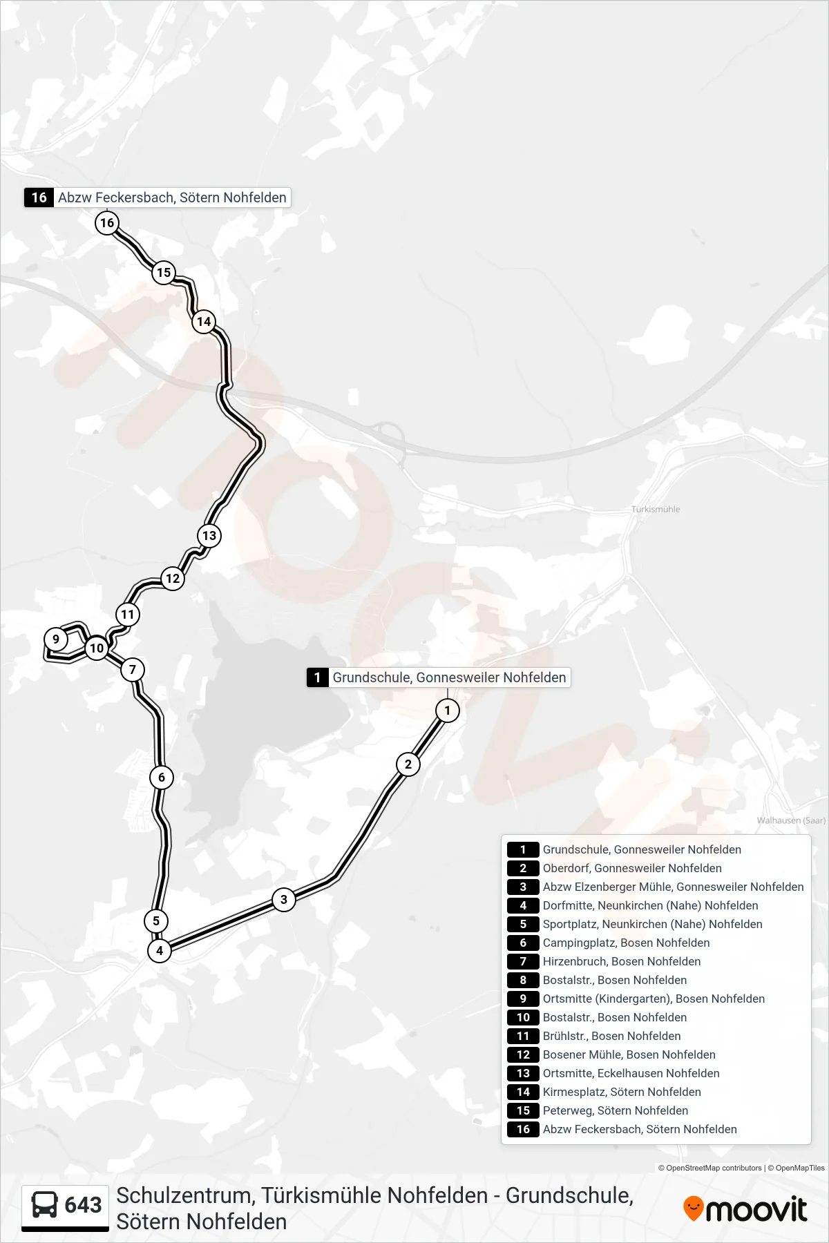 643 bus Line (Sötern Abzw. Feckersbach) route and stops on a map