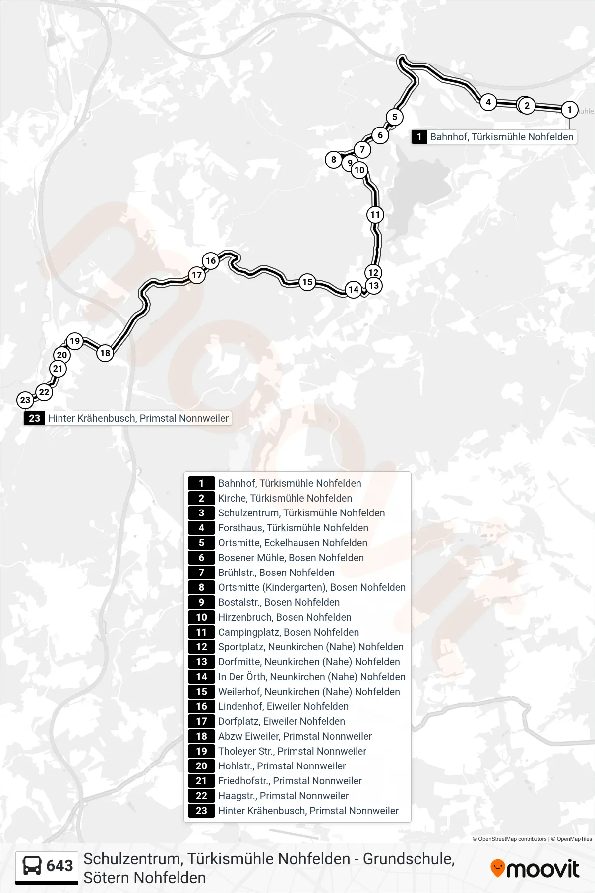 643 bus Line (Hinter Krähenbusch, Primstal Nonnweiler) route and stops on a map