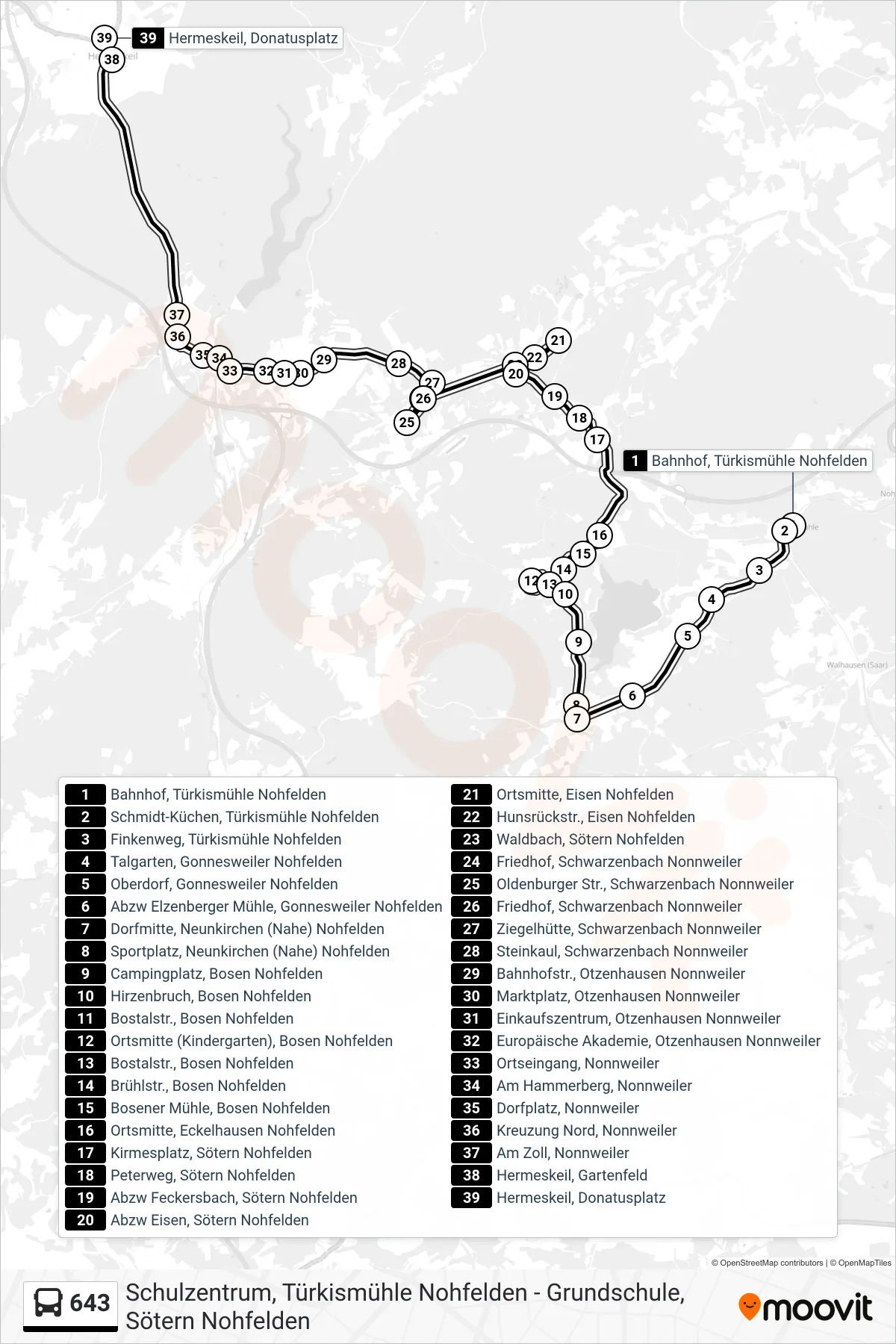 643 bus Line (Hermeskeil, Donatusplatz) route and stops on a map