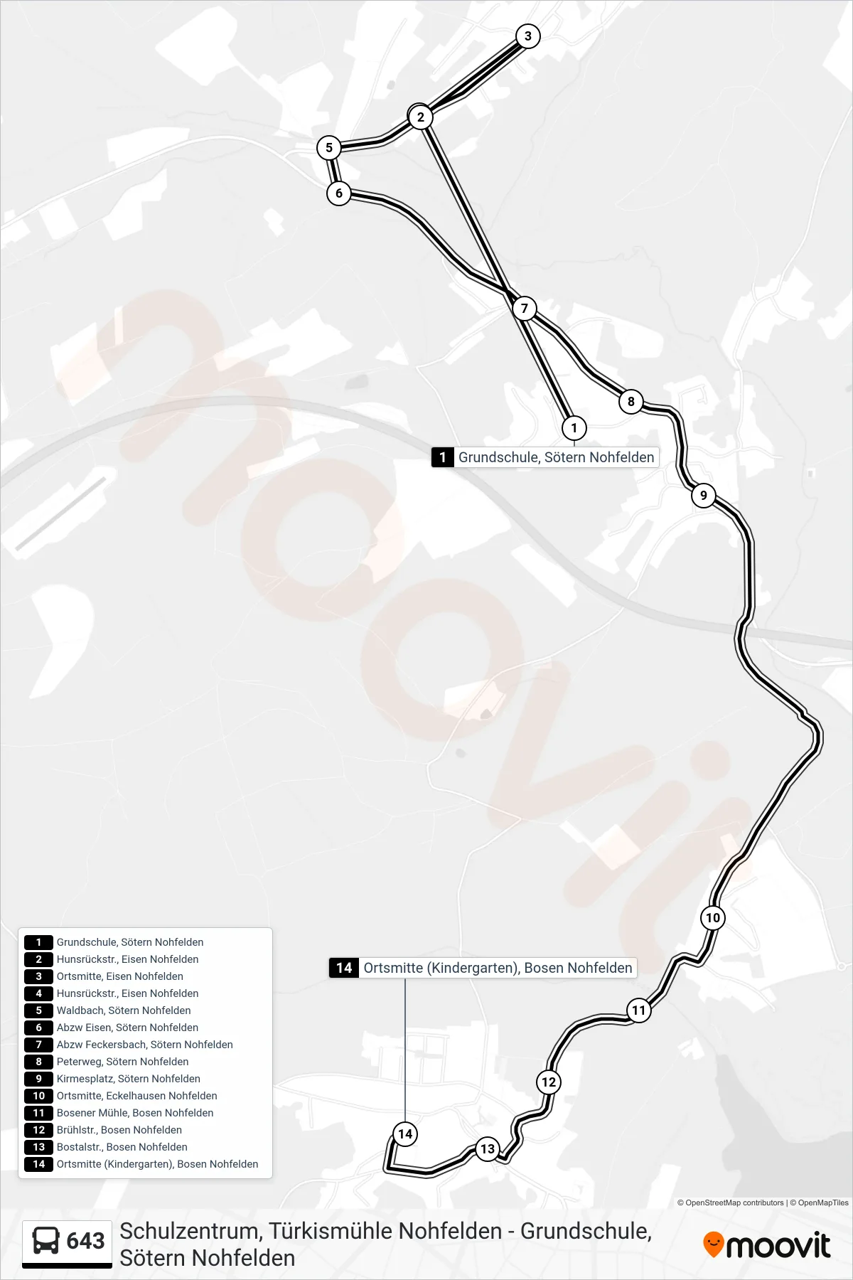 643 bus Line (Ortsmitte (Kindergarten), Bosen Nohfelden) route and stops on a map
