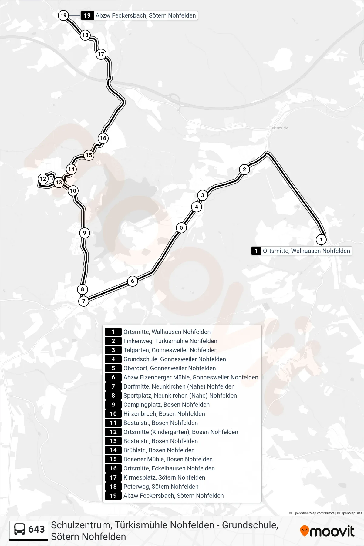 643 bus Line (Abzw Feckersbach, Sötern Nohfelden) route and stops on a map