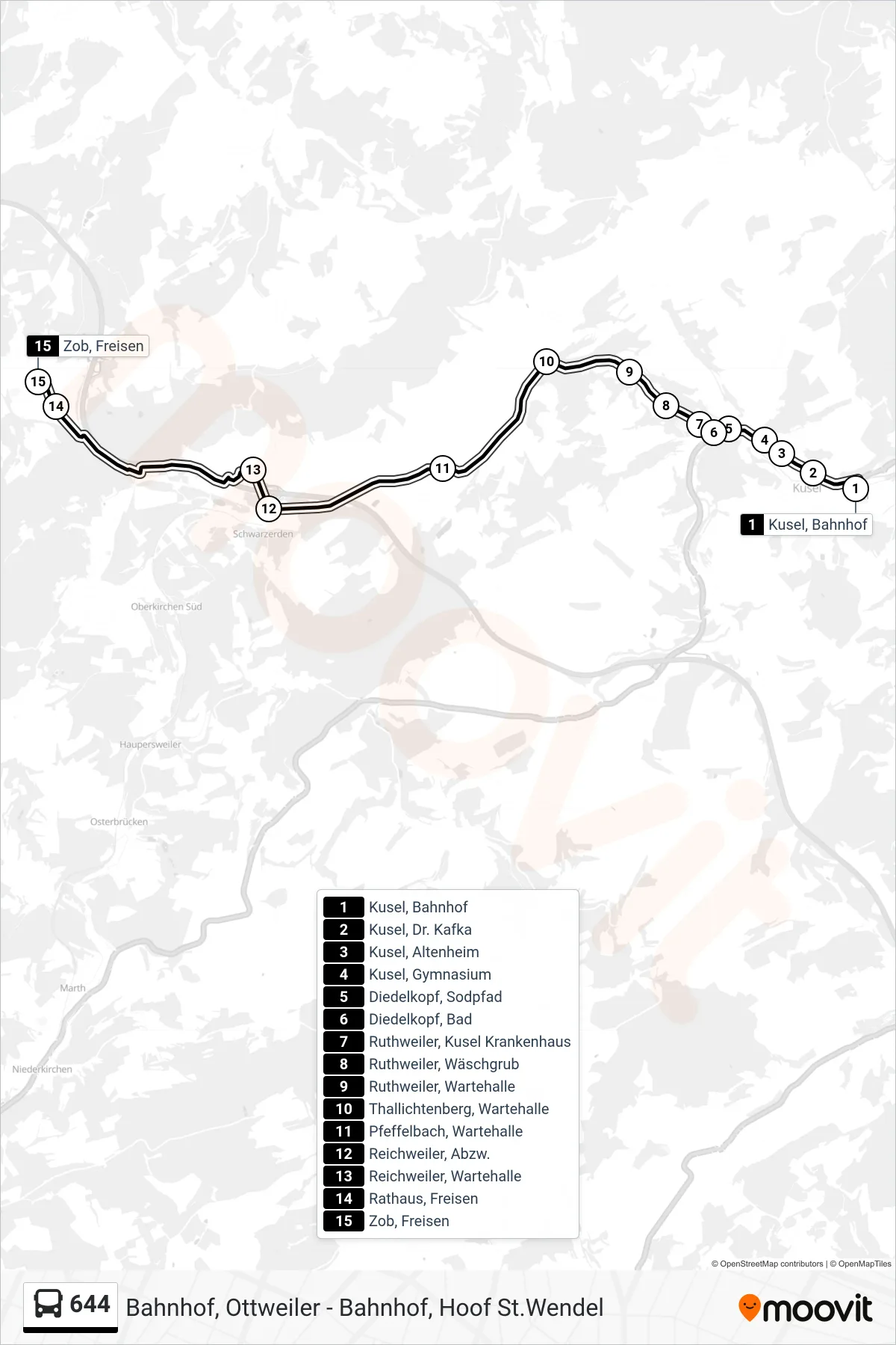 644 bus Line (Freisen ZOB) route and stops on a map