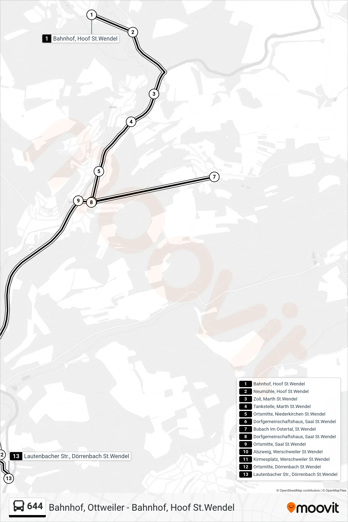Linie 644 (Bus) Richtung Dörrenbach: Route und Haltestellen auf der Karte