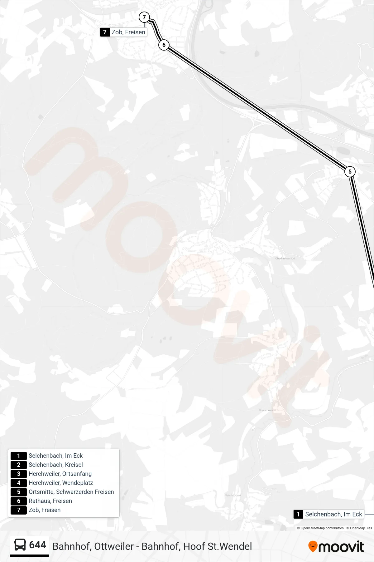 644 bus Line (Türkismühle Ü. Freisen) route and stops on a map