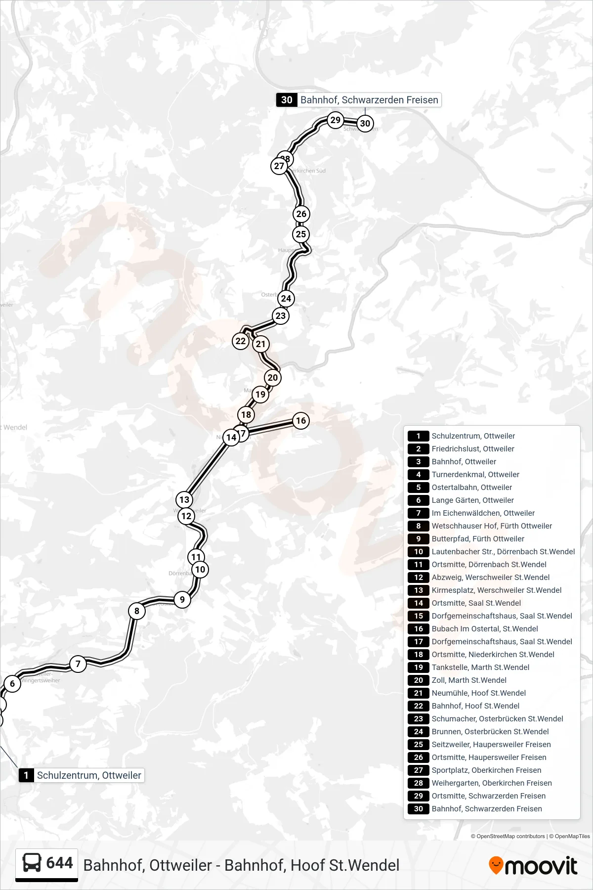 644 bus Line (Bahnhof, Schwarzerden Freisen) route and stops on a map