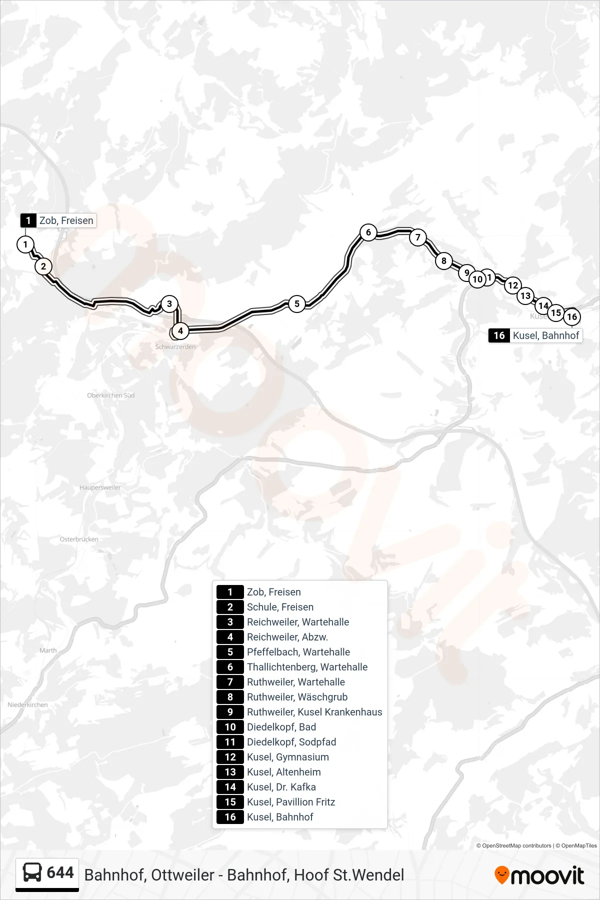644 bus Line (Kusel Bahnhof) route and stops on a map