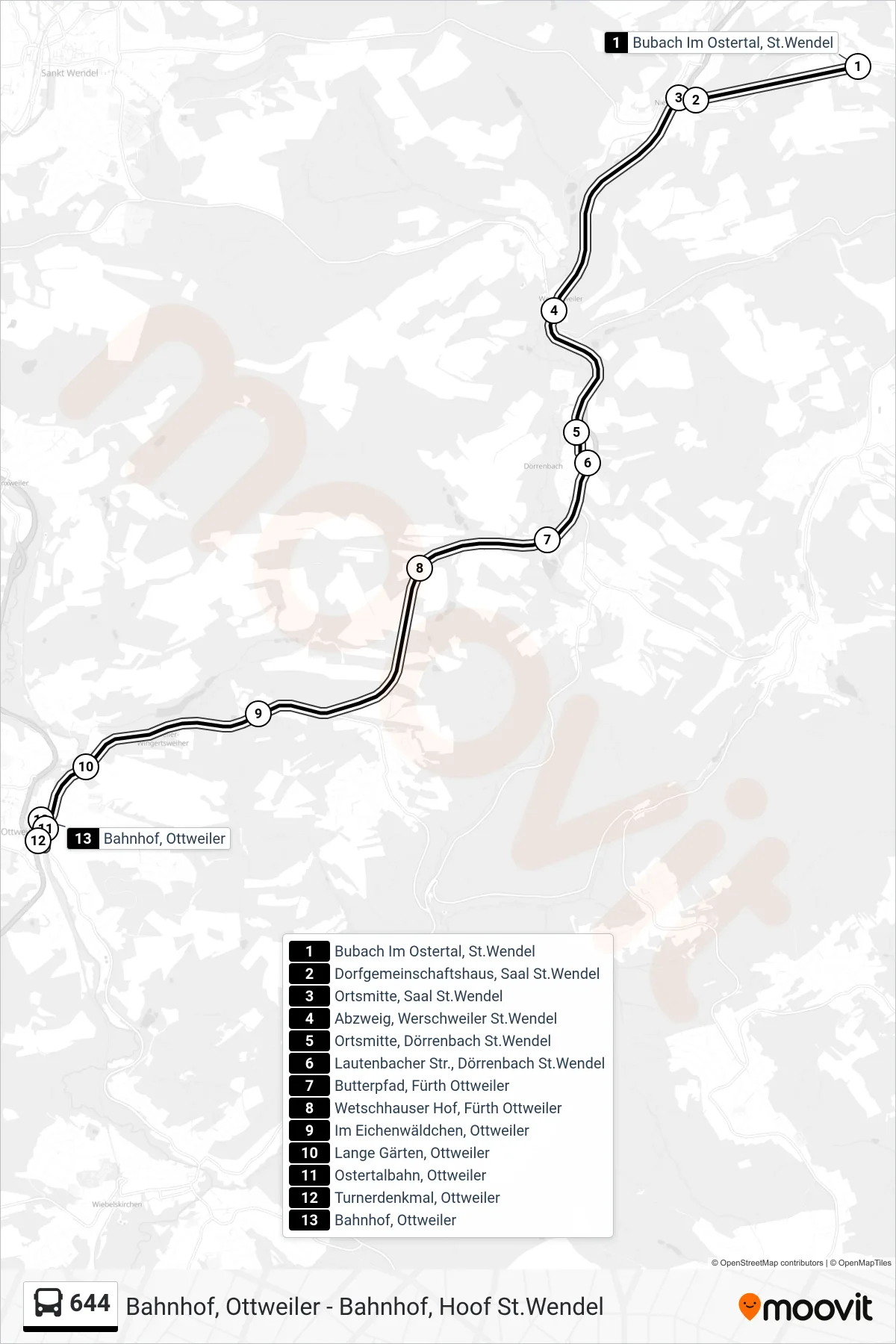 644 bus Line (Ottweiler Bf) route and stops on a map