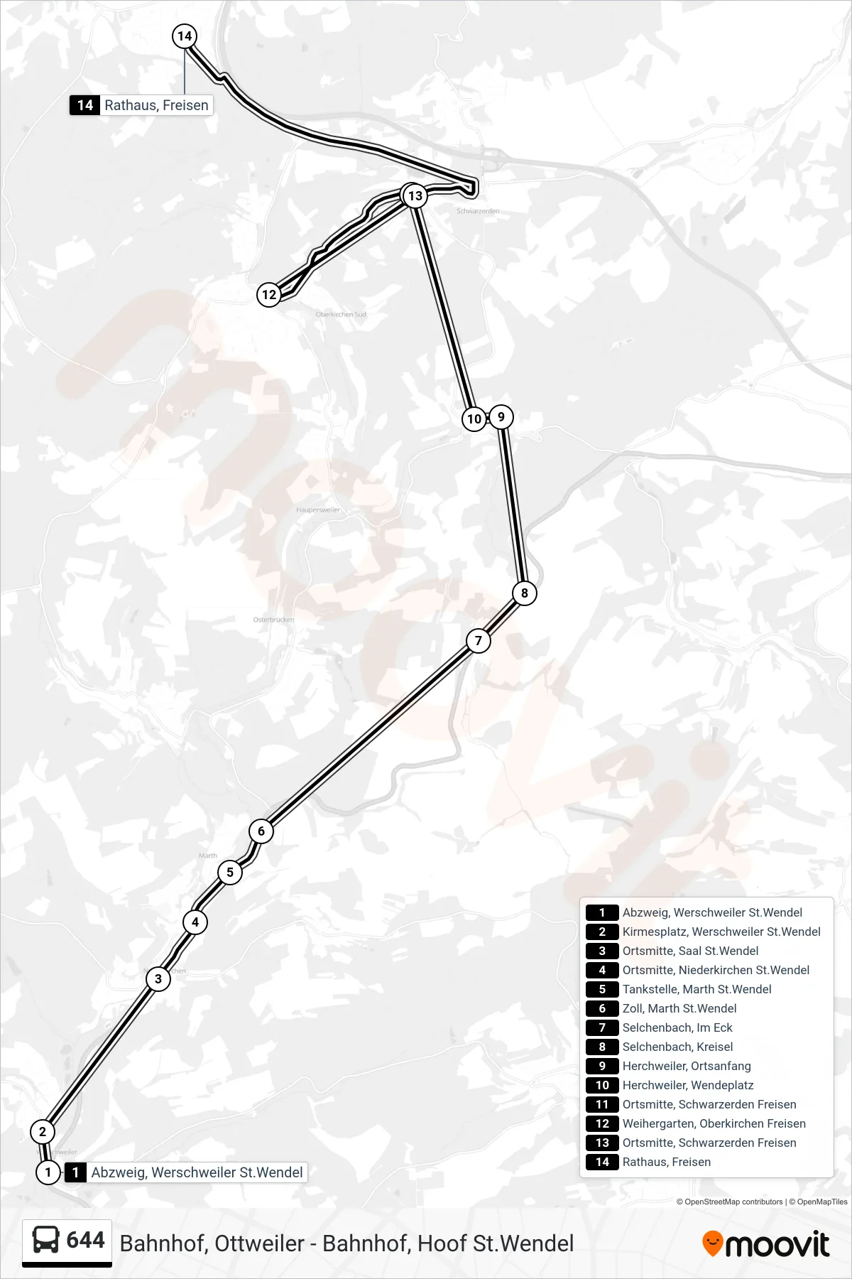 644 bus Line (Rathaus, Freisen) route and stops on a map