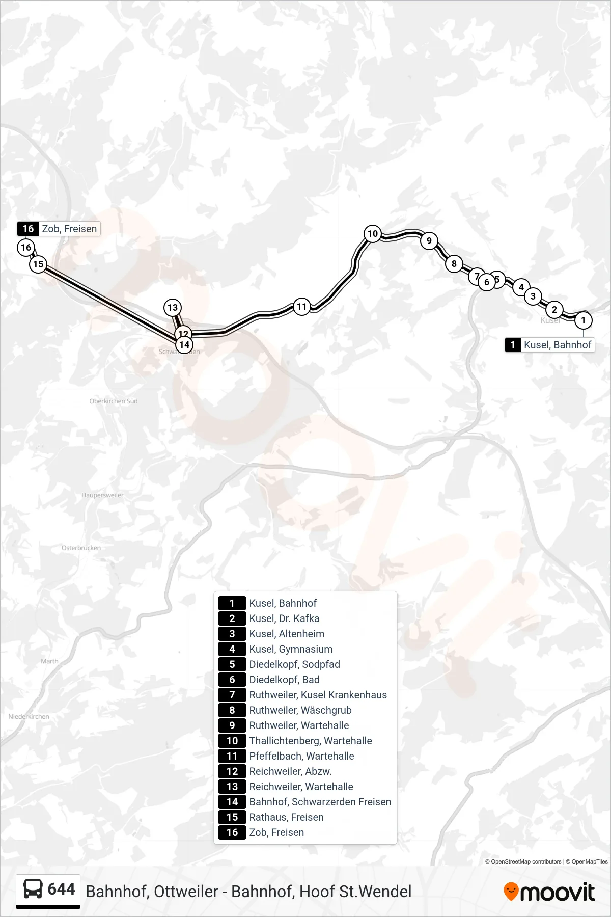 644 bus Line (Zob, Freisen) route and stops on a map
