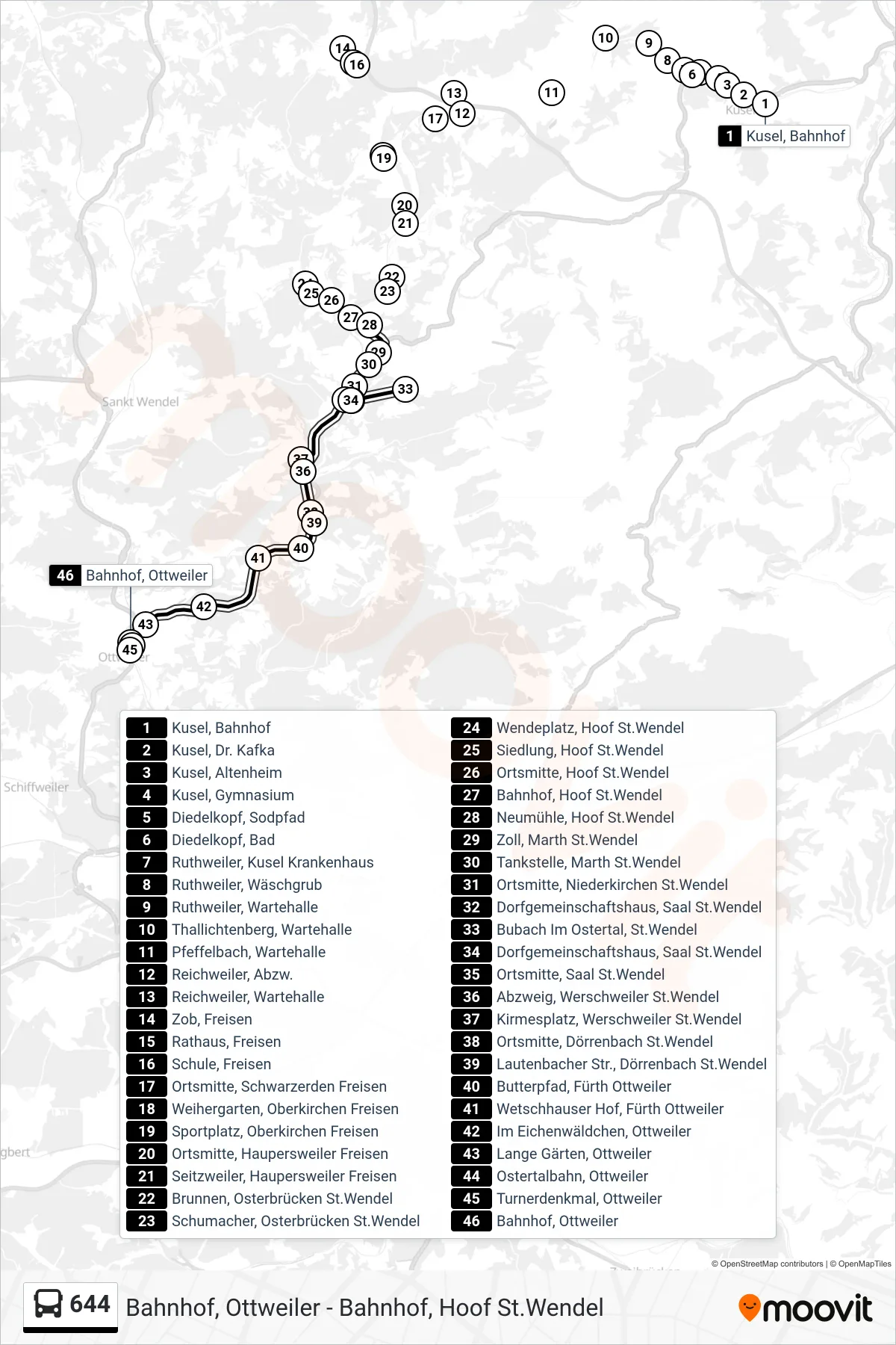 644 bus Line (Bahnhof, Ottweiler) route and stops on a map