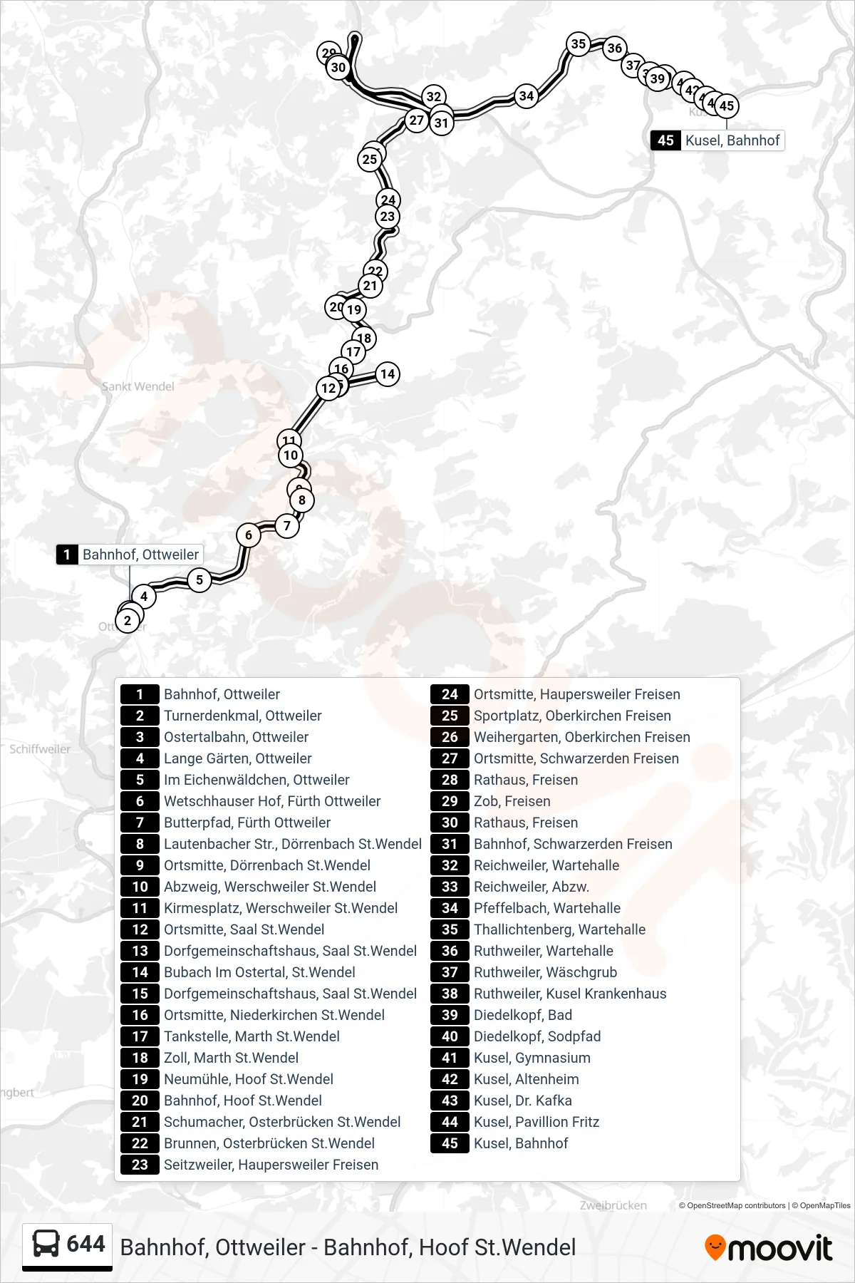 644 bus Line (Kusel, Bahnhof) route and stops on a map