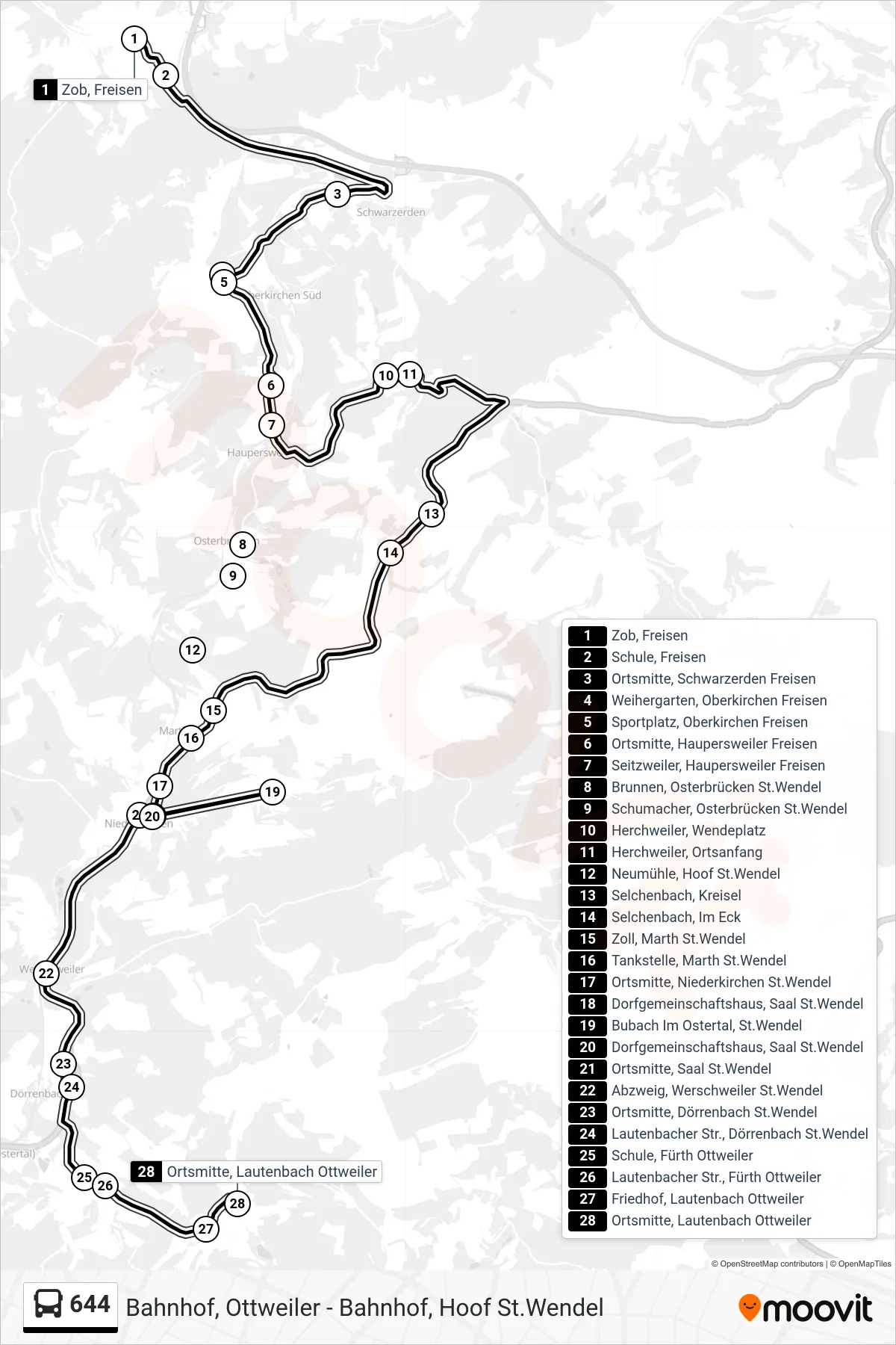 644 bus Line (Ortsmitte, Lautenbach Ottweiler) route and stops on a map