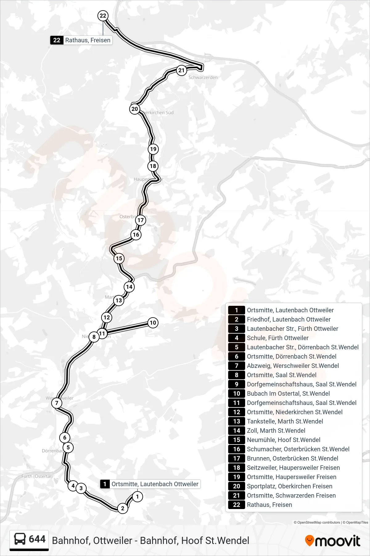 644 bus Line (Freisen) route and stops on a map