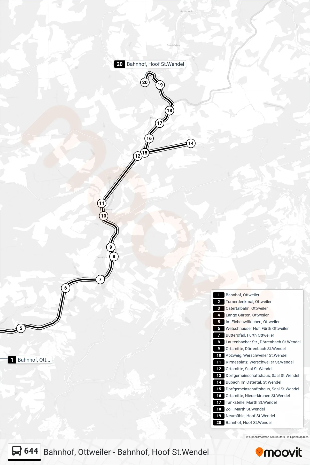 644 bus Line (Hoof Ü. Bubach) route and stops on a map
