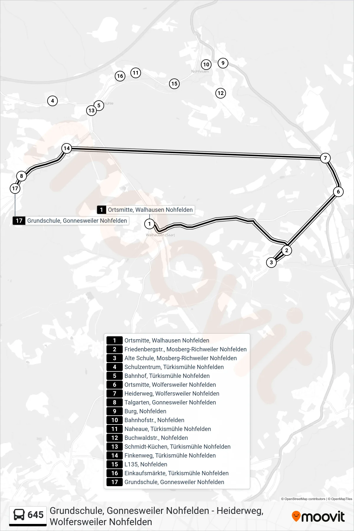 645 bus Line (Gonnesweiler Grundschule) route and stops on a map