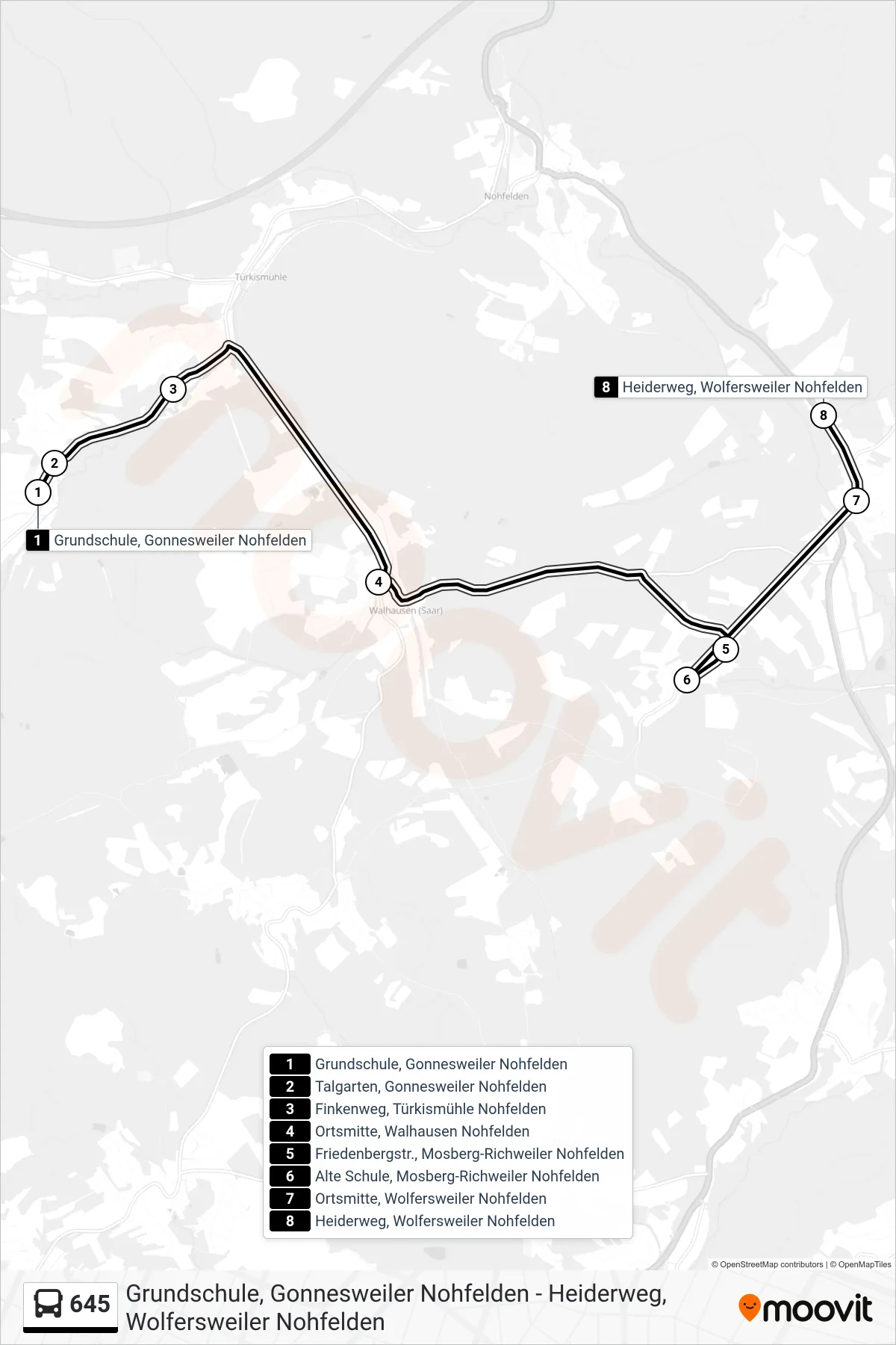 645 bus Line (Heiderweg, Wolfersweiler Nohfelden) route and stops on a map