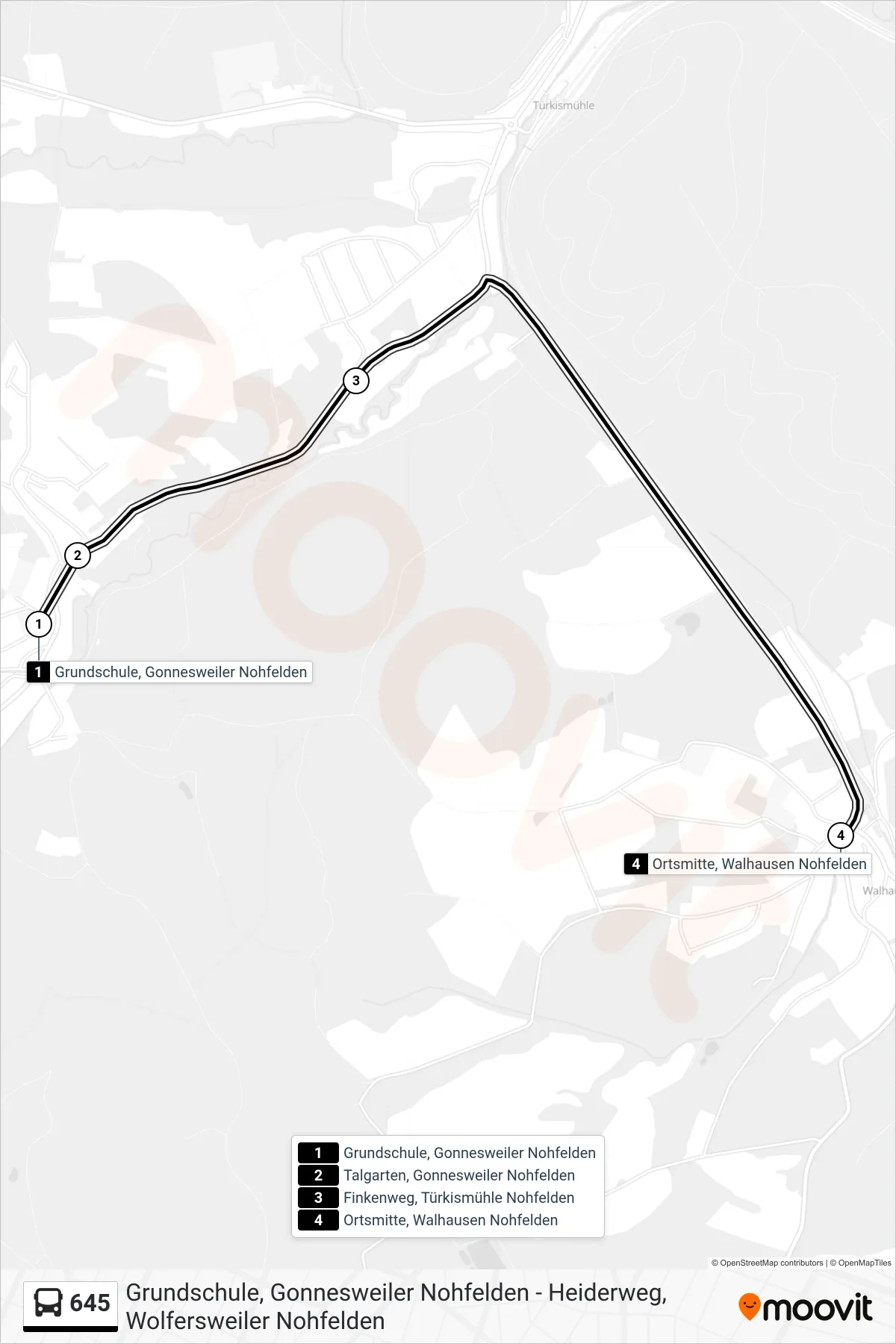 645 bus Line (Walhausen) route and stops on a map