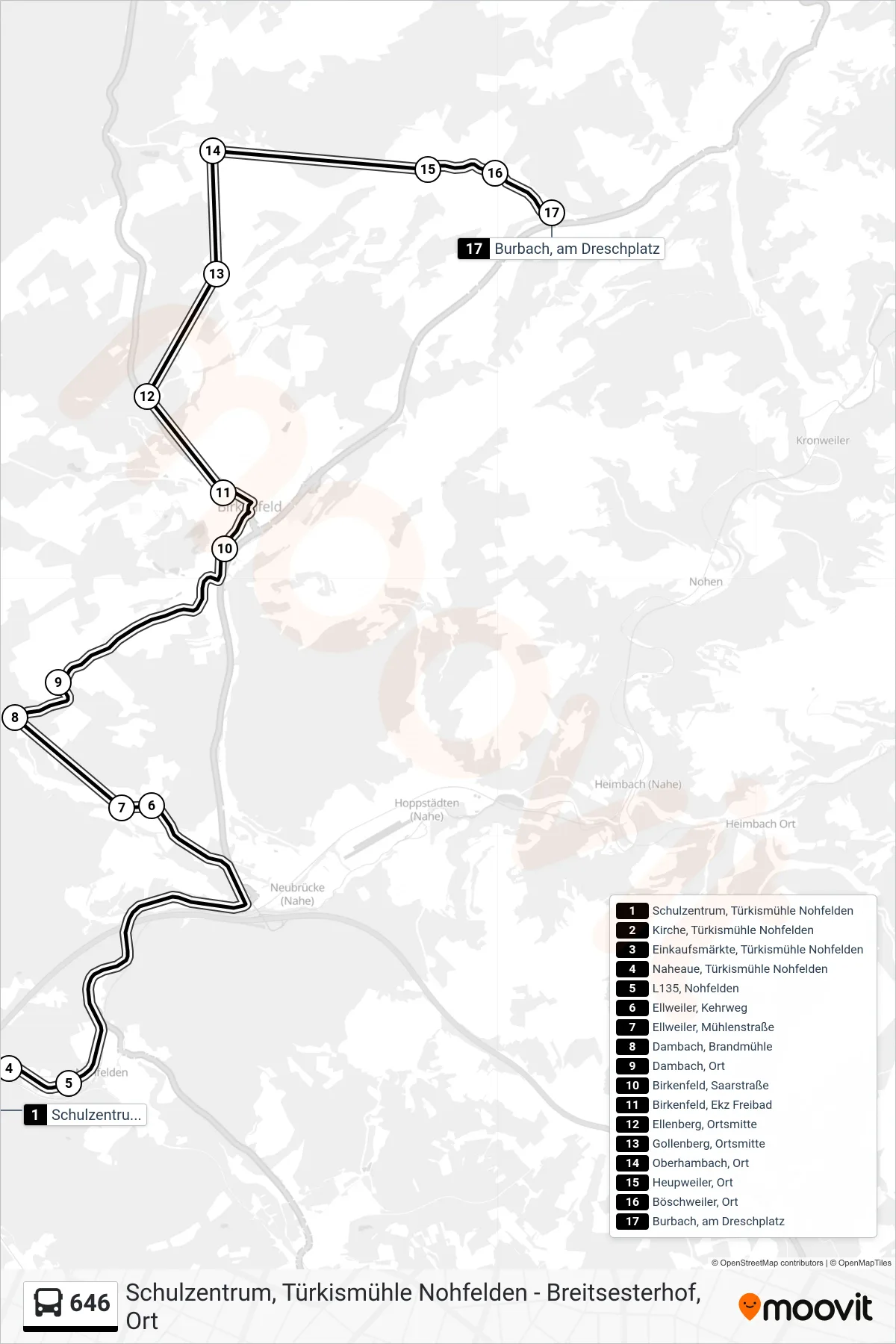 646 bus Line (Burbach, am Dreschplatz) route and stops on a map