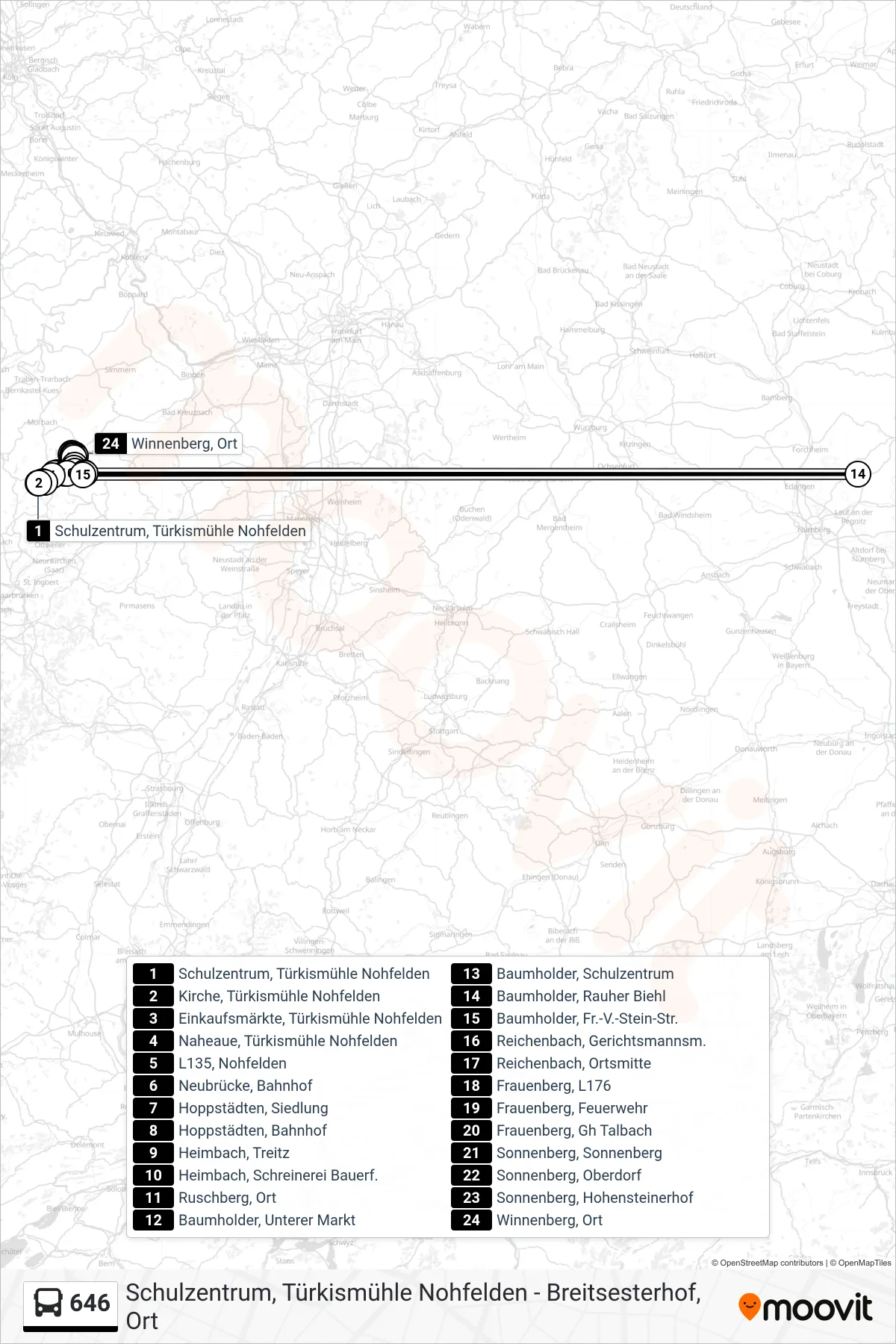 646 bus Line (Winnenberg Ü. Heimbach) route and stops on a map