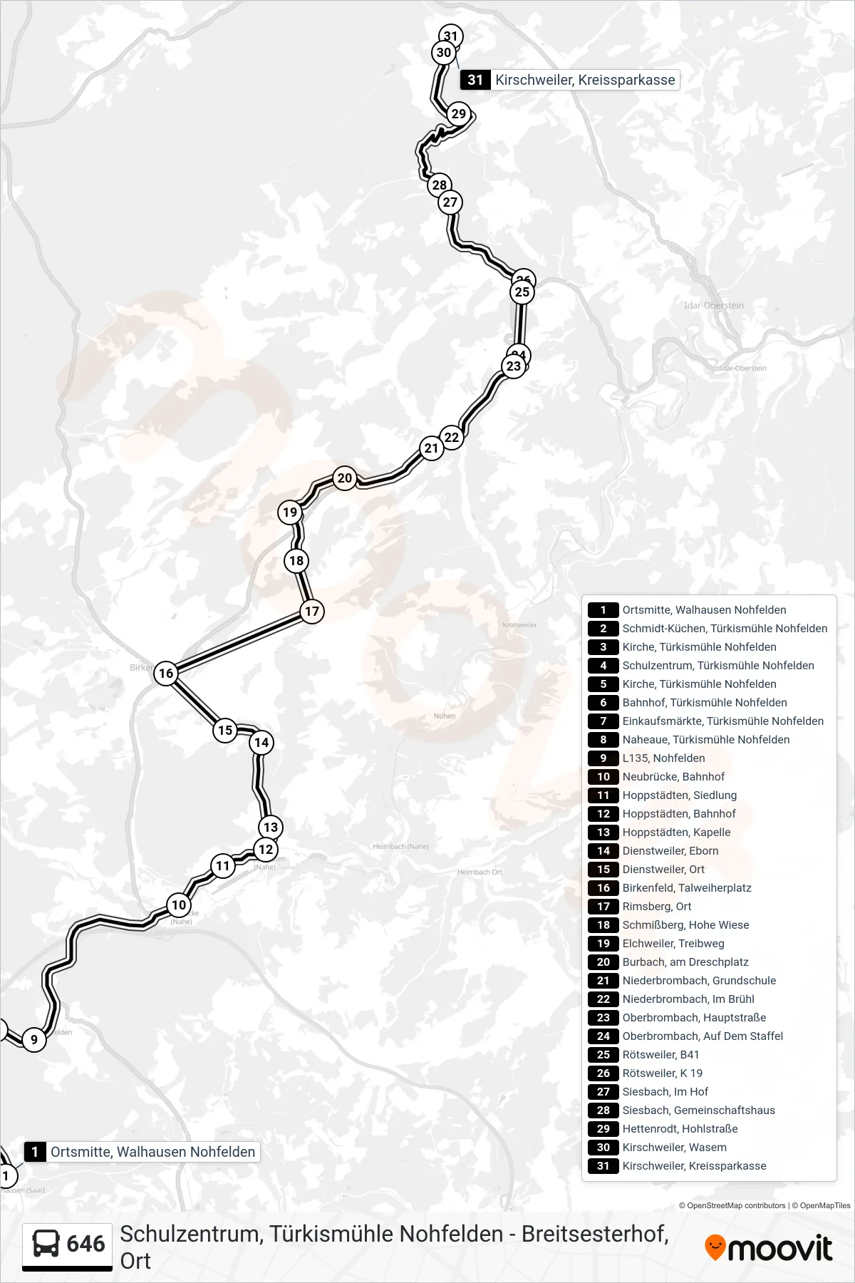 Linie 646 (Bus) Richtung Kirschweiler, Kreissparkasse: Route und Haltestellen auf der Karte