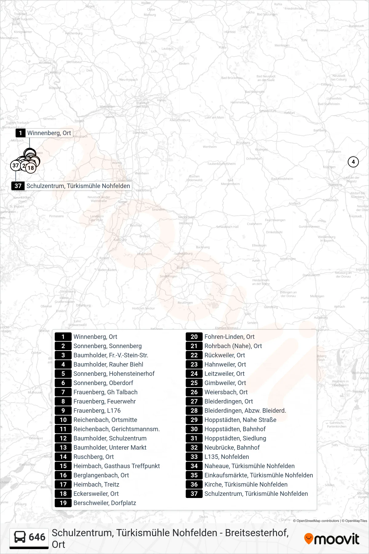 646 bus Line (Türkismühle Schulzentrum) route and stops on a map