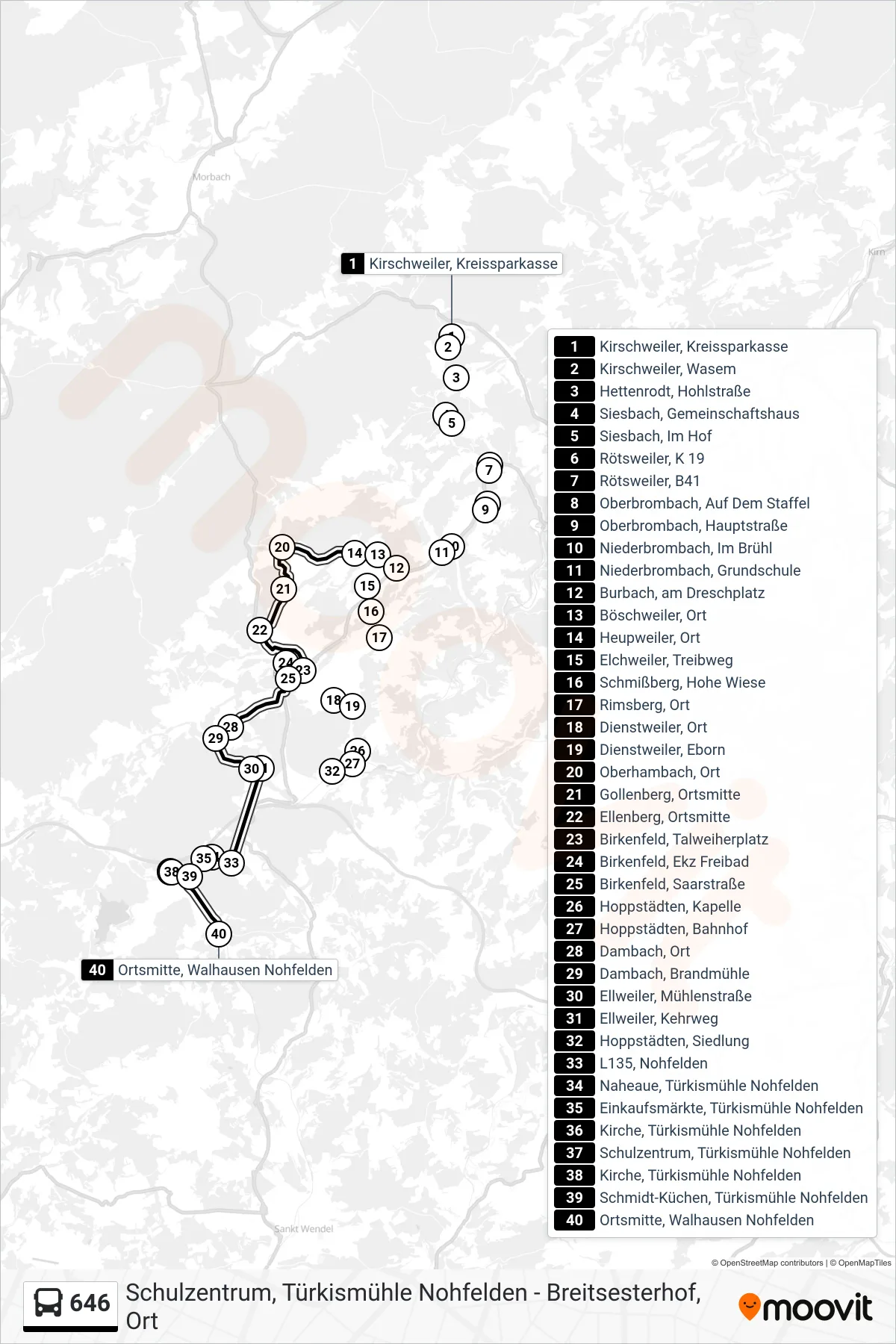 646 bus Line (Ortsmitte, Walhausen Nohfelden) route and stops on a map