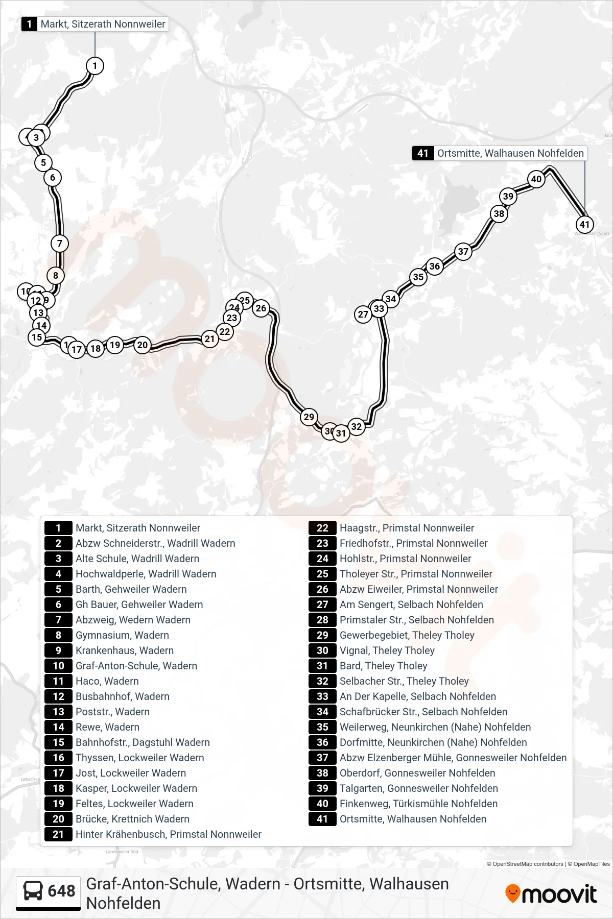 Linie 648 (Bus) Richtung Ortsmitte, Walhausen Nohfelden: Route und Haltestellen auf der Karte