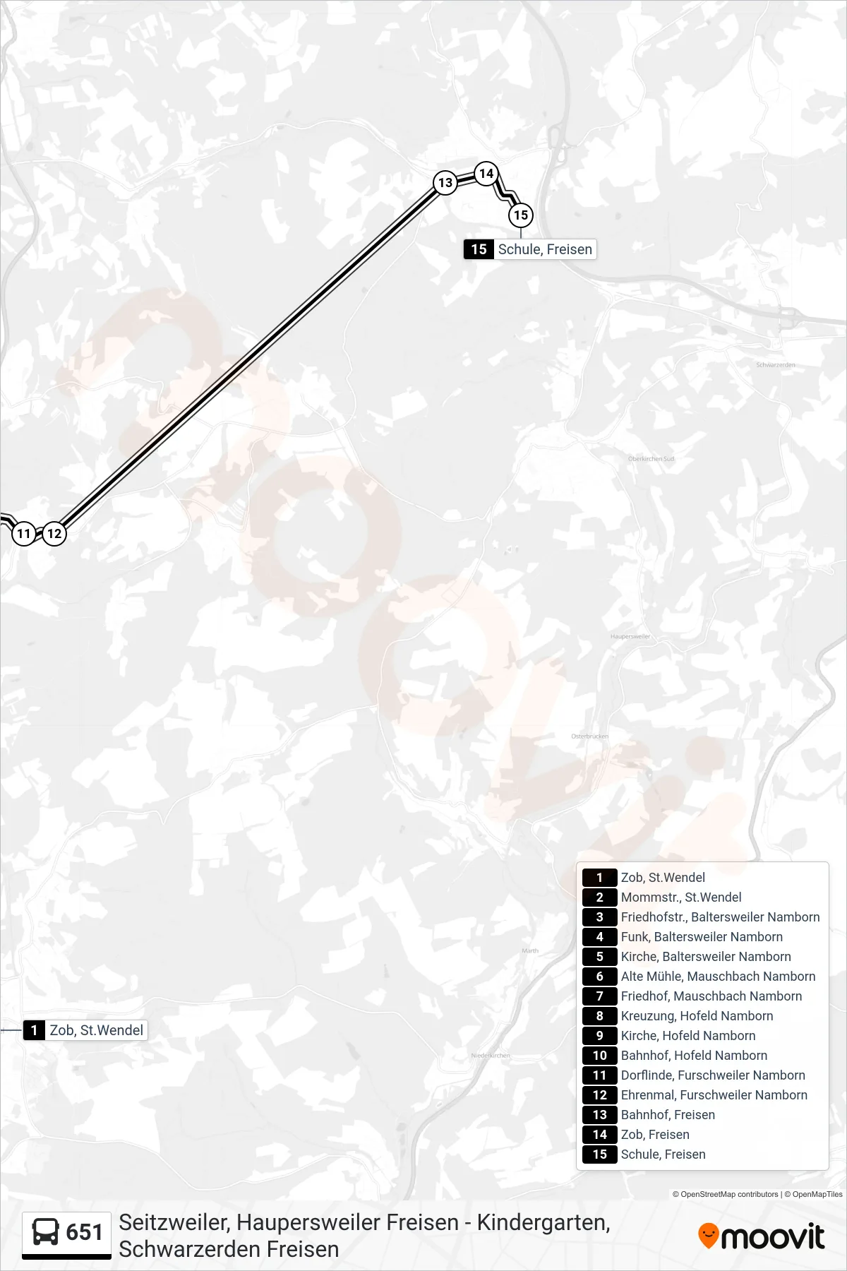 651 bus Line (Schule, Freisen) route and stops on a map