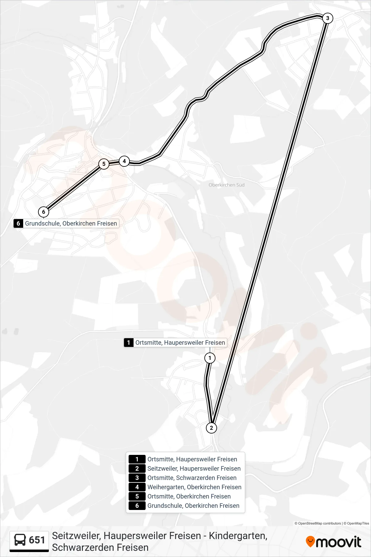 651 bus Line (Oberkirchen Grundschule) route and stops on a map
