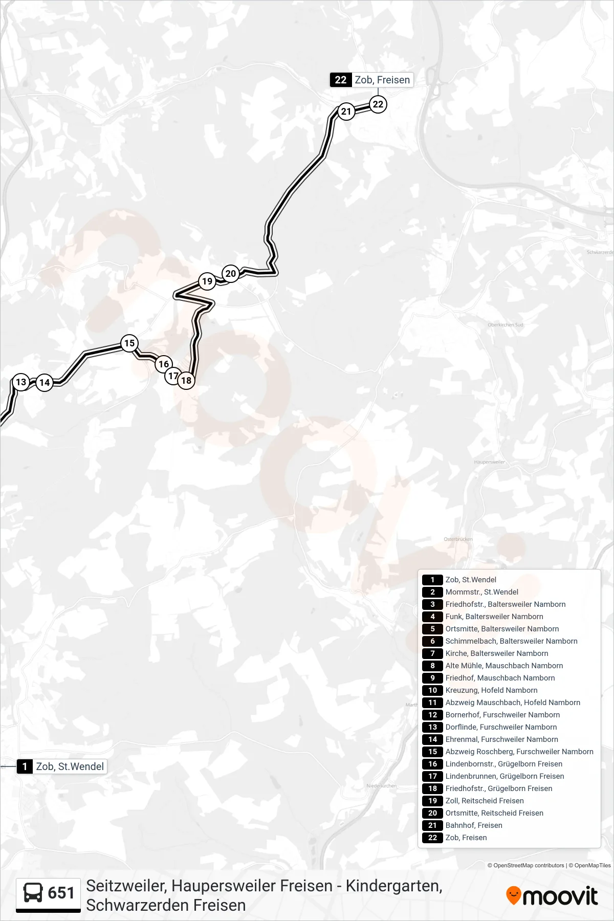 651 bus Line (Zob, Freisen) route and stops on a map