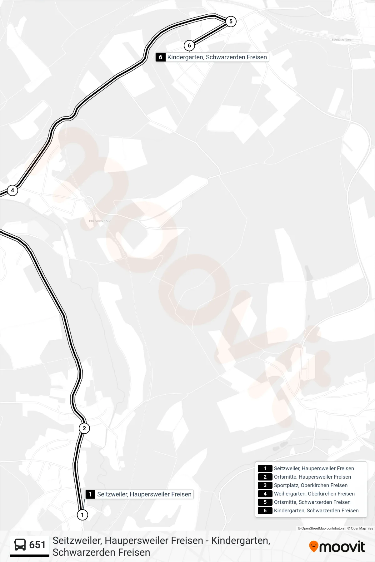 651 bus Line (Schwarzerden Kindergarten) route and stops on a map