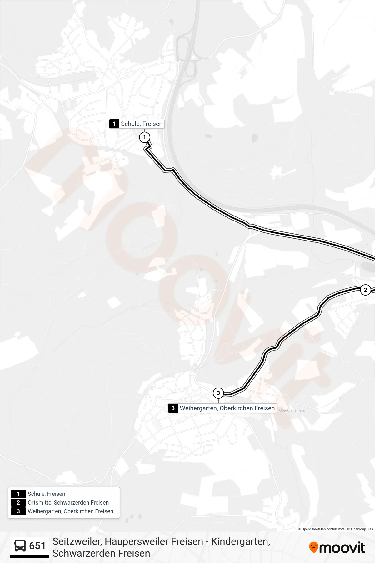651 bus Line (Oberkirchen) route and stops on a map
