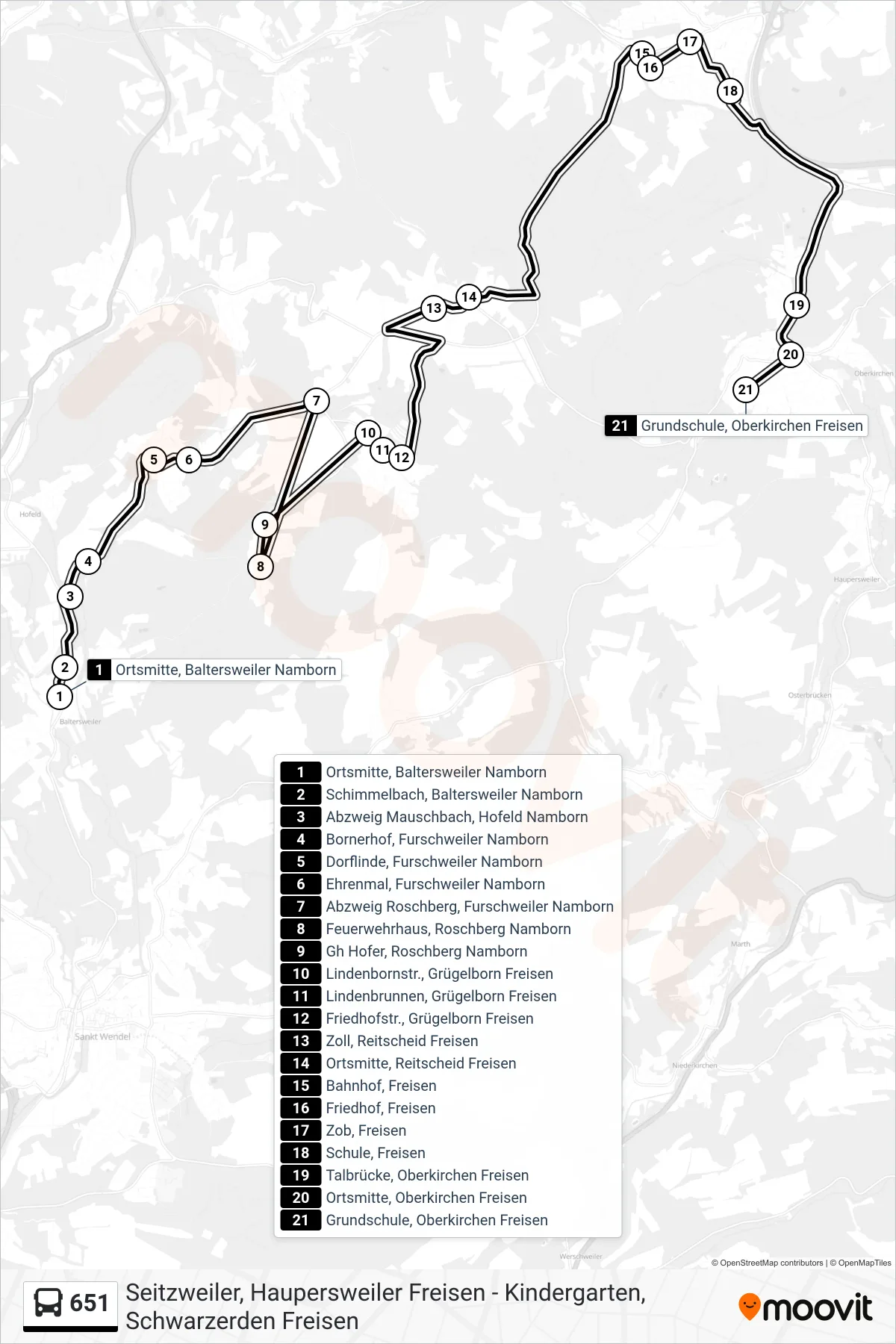 651 bus Line (Grundschule, Oberkirchen Freisen) route and stops on a map