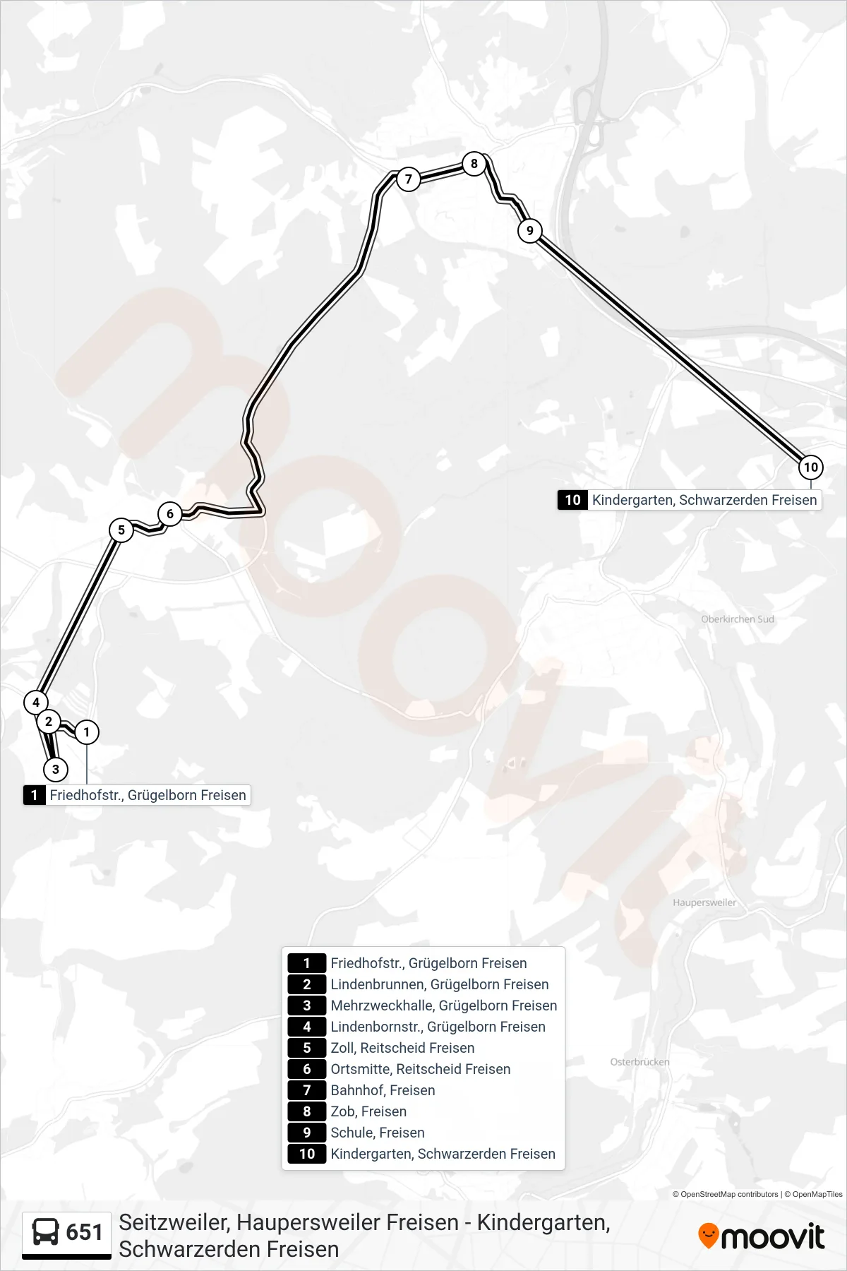 651 bus Line (Schwarzerden Kindergarten) route and stops on a map
