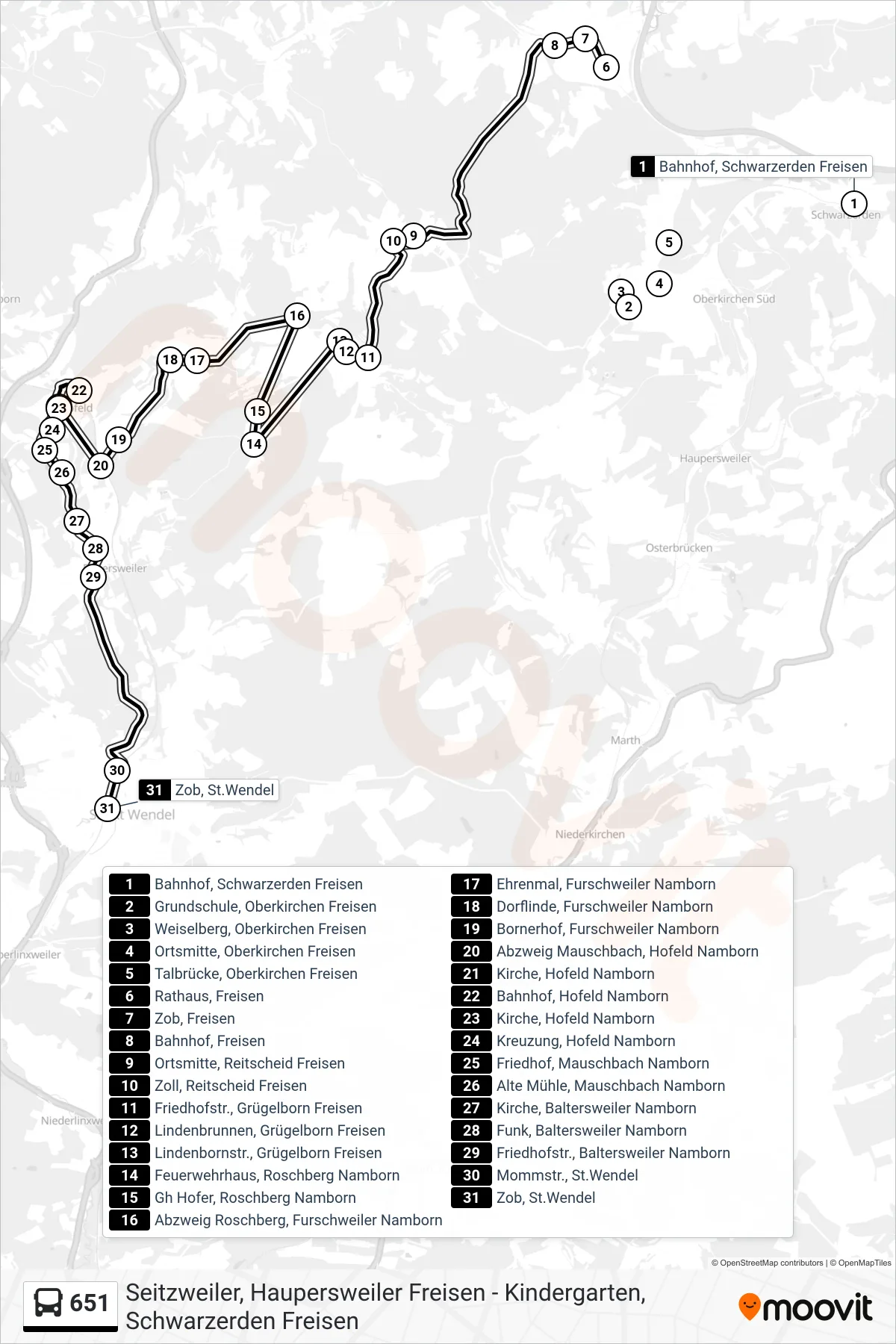651 bus Line (Zob, St.Wendel) route and stops on a map