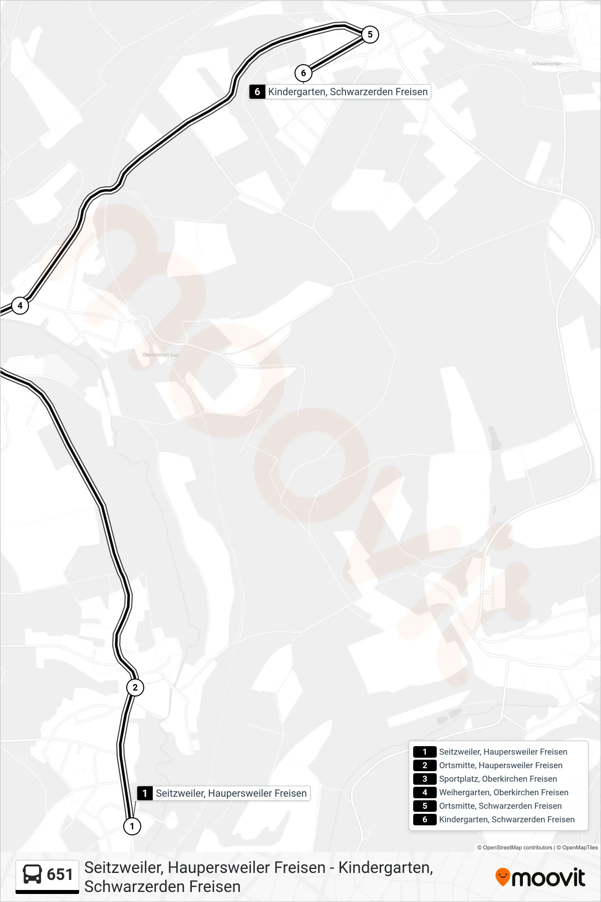 651 bus Line (Schwarzerden Bf) route and stops on a map