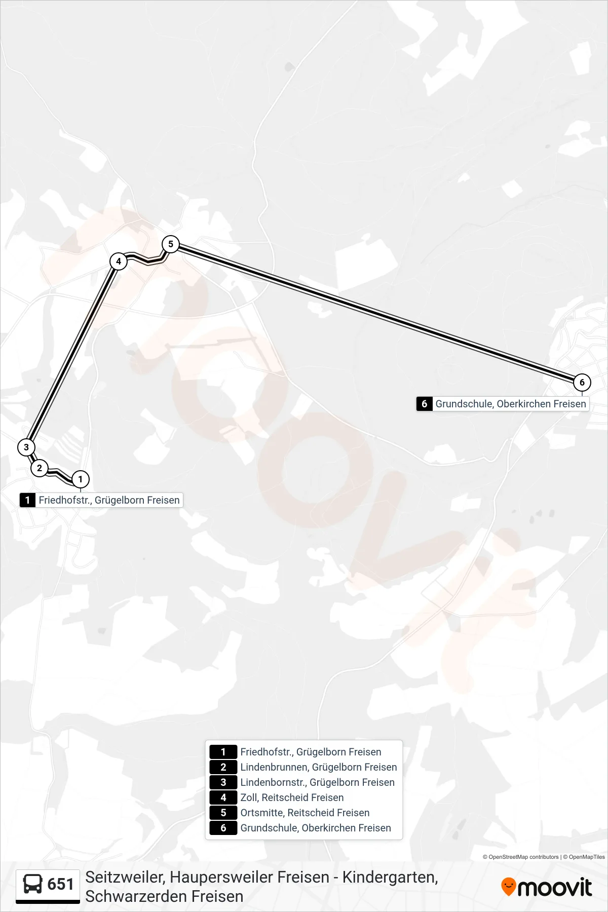 651 bus Line (Oberkirchen Grundschule) route and stops on a map