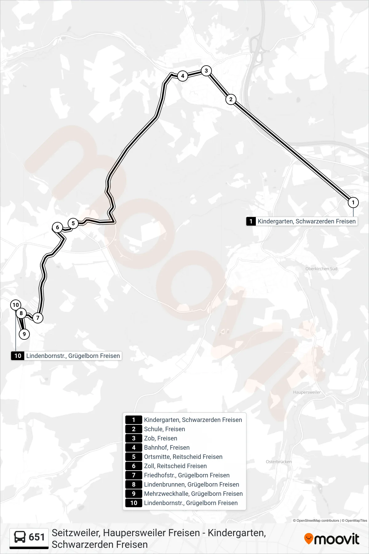 651 bus Line (Grügelborn) route and stops on a map